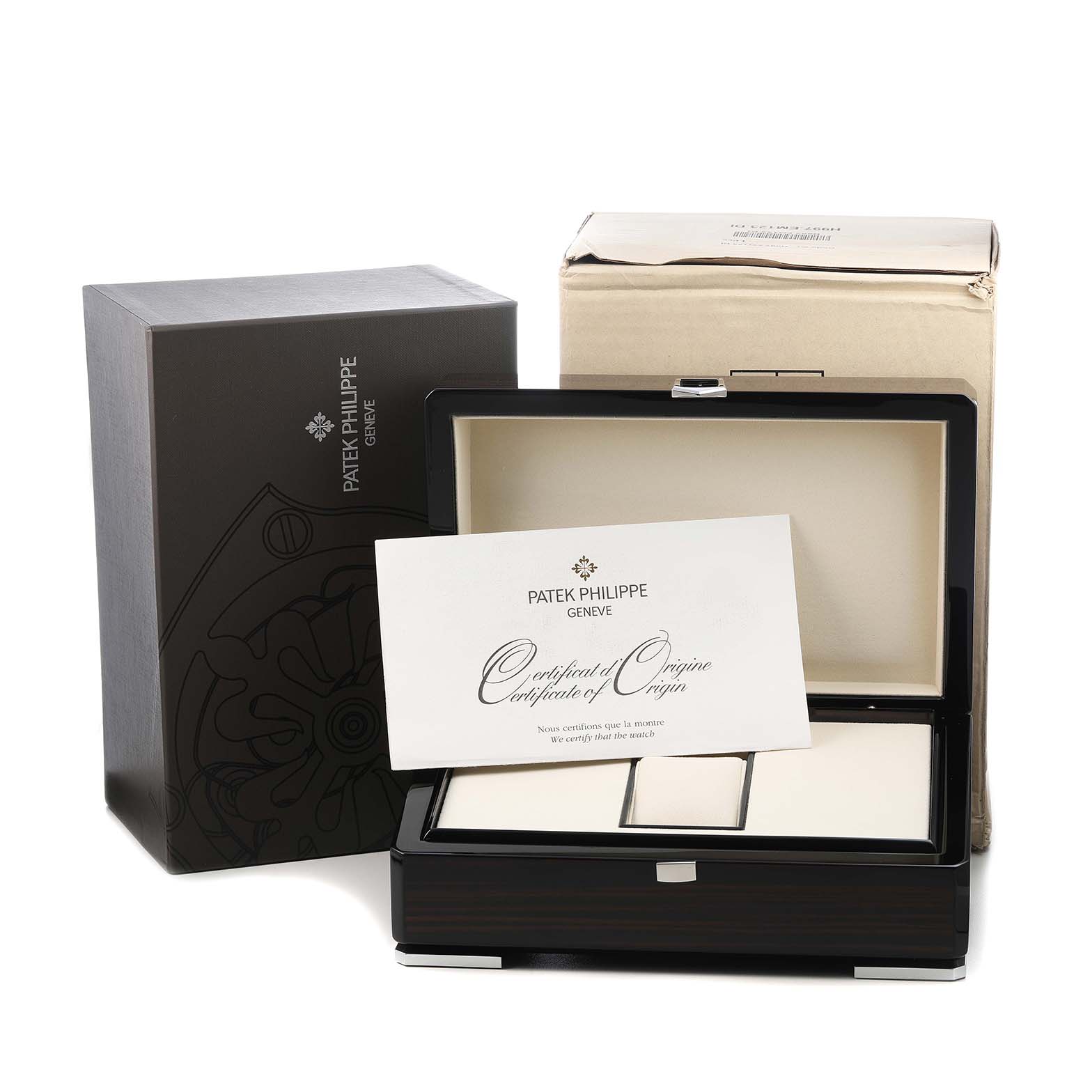 The image shows the packaging and certificate for the Patek Philippe Complications 5146G Men's White Gold Grey Dial model, with an open box and certificate of origin.