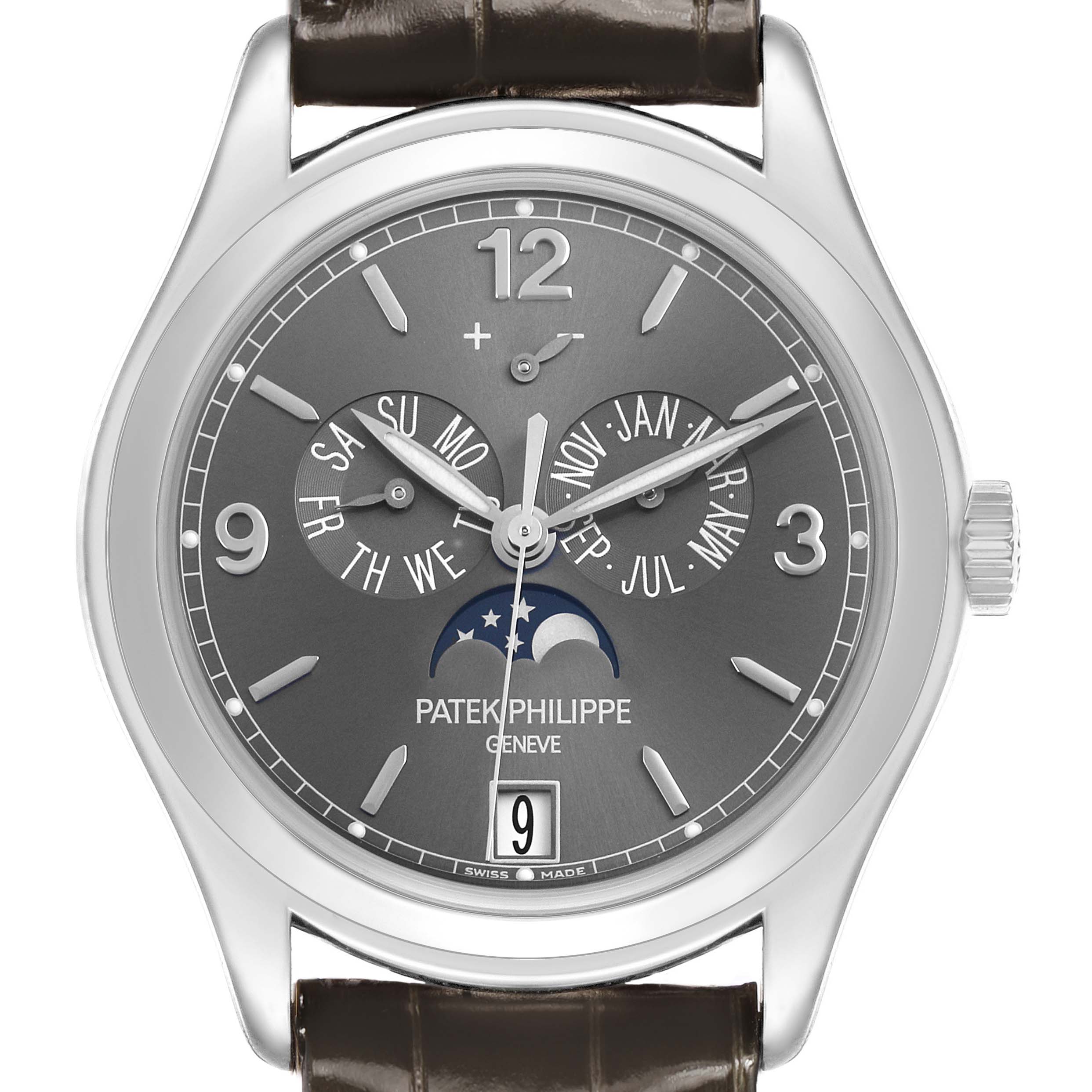 The Patek Philippe Complications 5146G Men's White Gold Grey Dial watch is shown from the front, displaying its dial, date, and moon phase features.