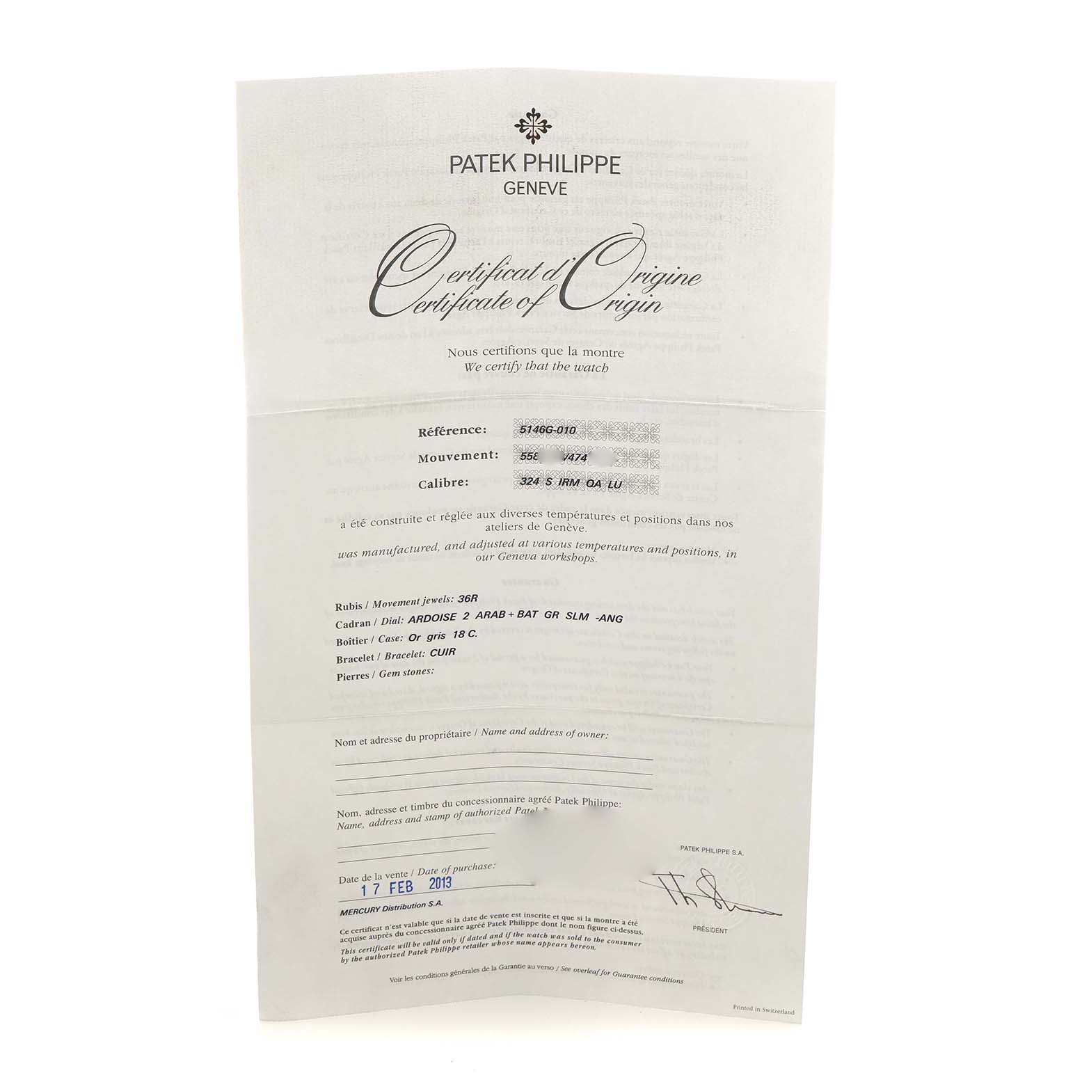 The image shows a Patek Philippe Complications 5146G Men's White Gold Grey Dial model's Certificate of Origin document, viewed front-on.