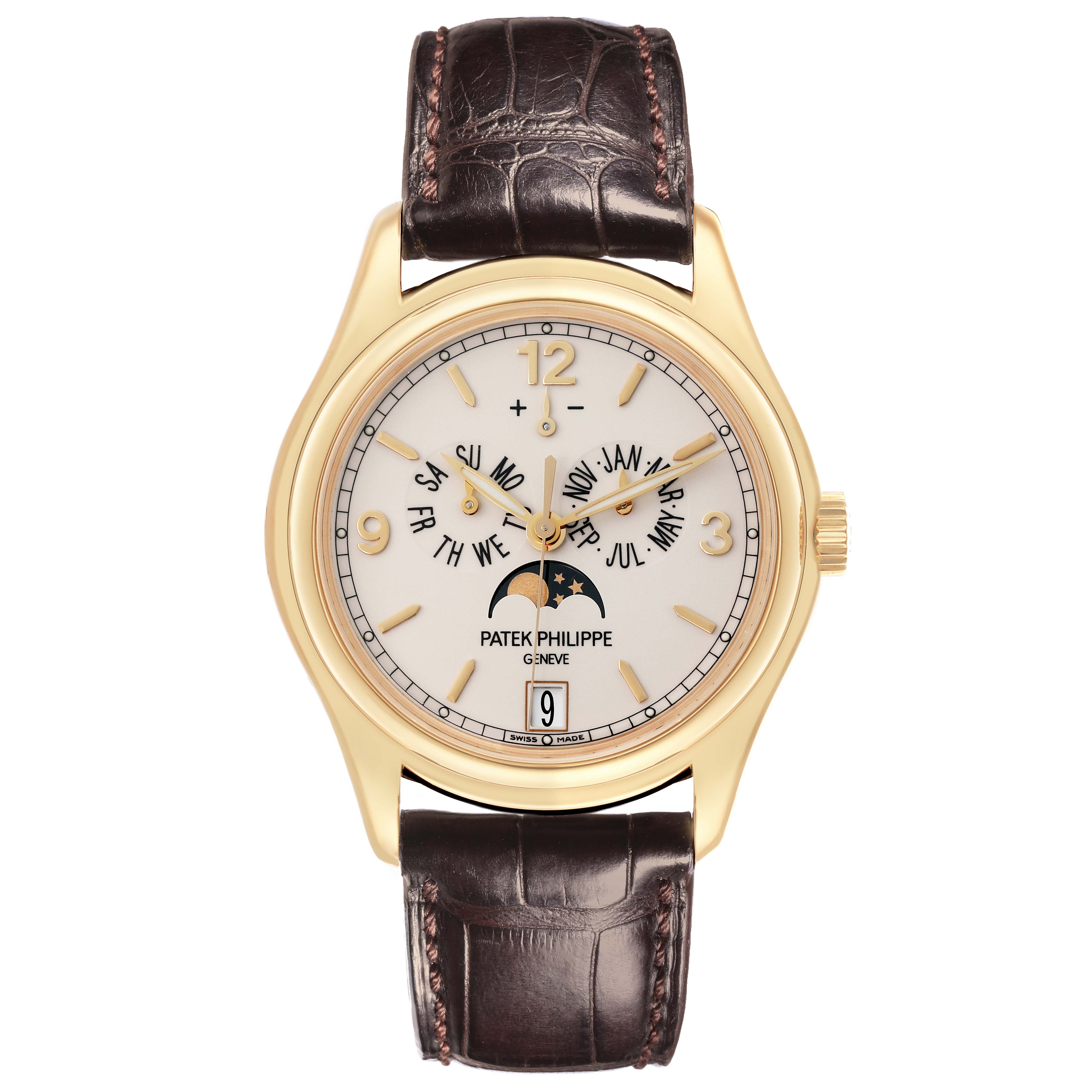 The Patek Philippe Complications 5146J-001 Men's Yellow Gold White Dial 5146J-001 Men's Yellow Gold White Dial watch is shown from a top-down angle, displaying the dial, bezel, case, and leather strap.