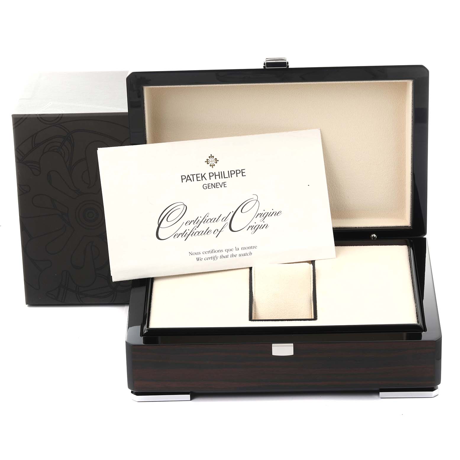 The image shows an open Patek Philippe Complications 5146J-001 Men's Yellow Gold White Dial 5146J-001 Men's Yellow Gold White Dial box and a Certificate of Origin, viewed from the front.