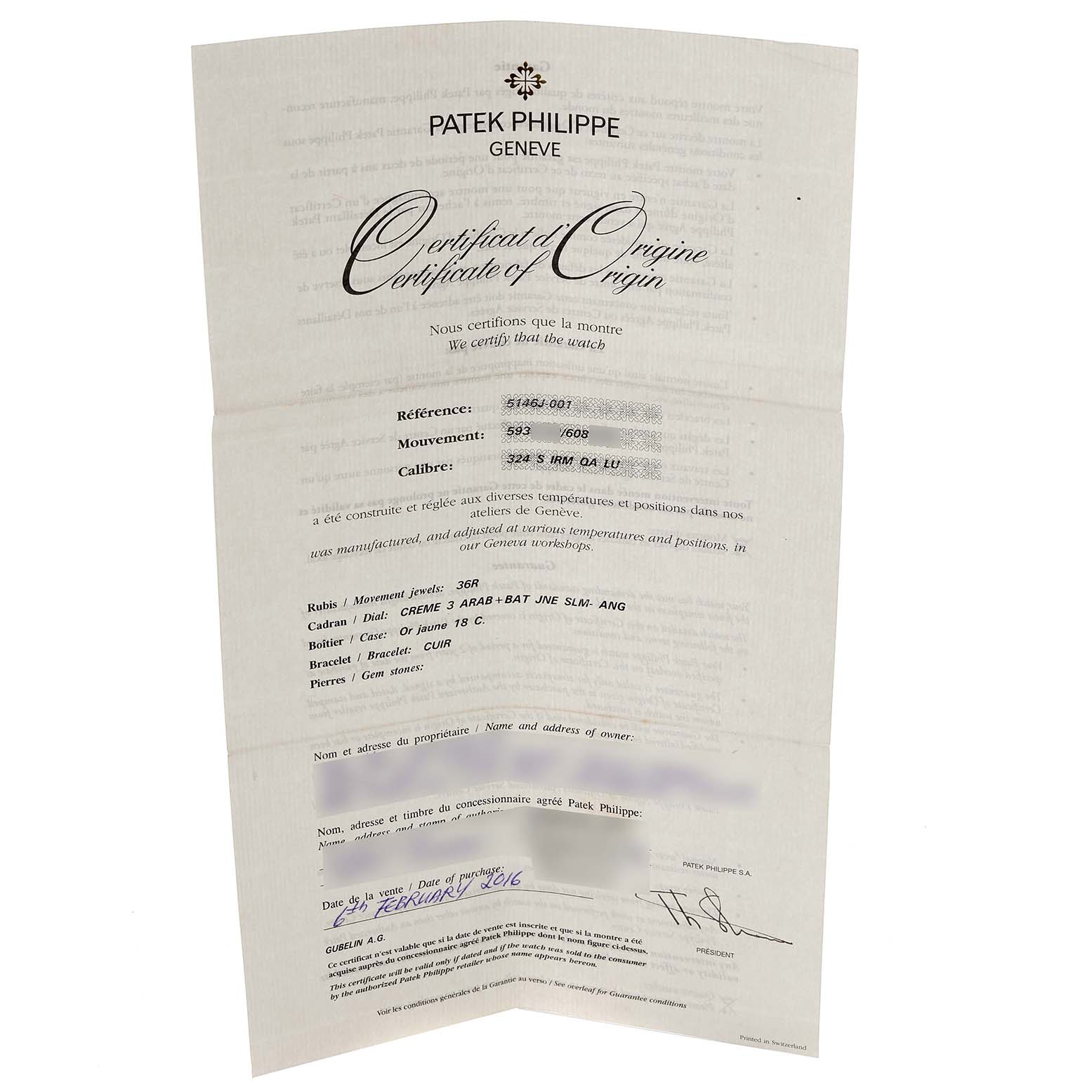The image shows a Certificate of Origin for a Patek Philippe Complications 5146J-001 Men's Yellow Gold White Dial 5146J-001 Men's Yellow Gold White Dial watch, detailing its specifications and purchase date.