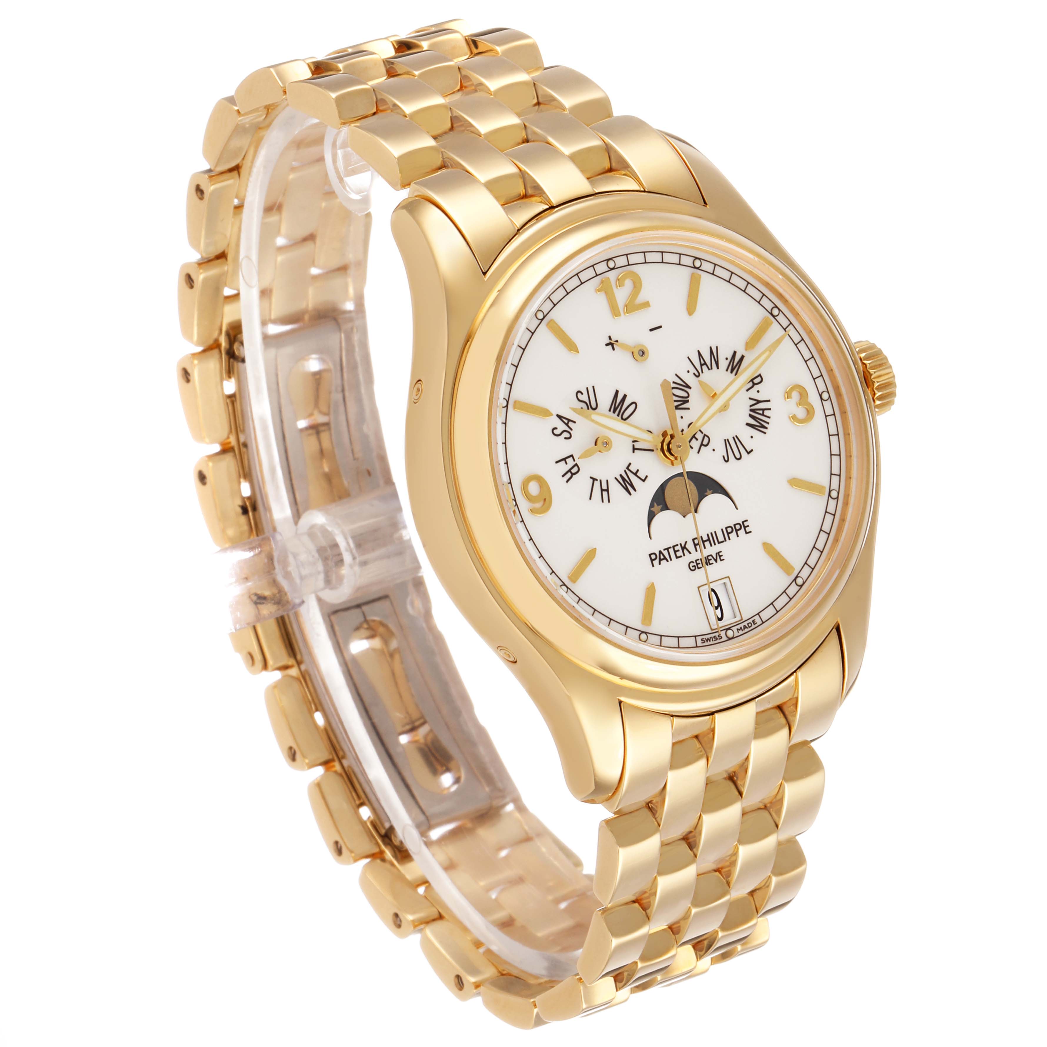 The Patek Philippe Complications 5146/1J-001 Men's Yellow Gold White Dial watch is shown at a three-quarter angle, highlighting the face, bracelet, and side profile.