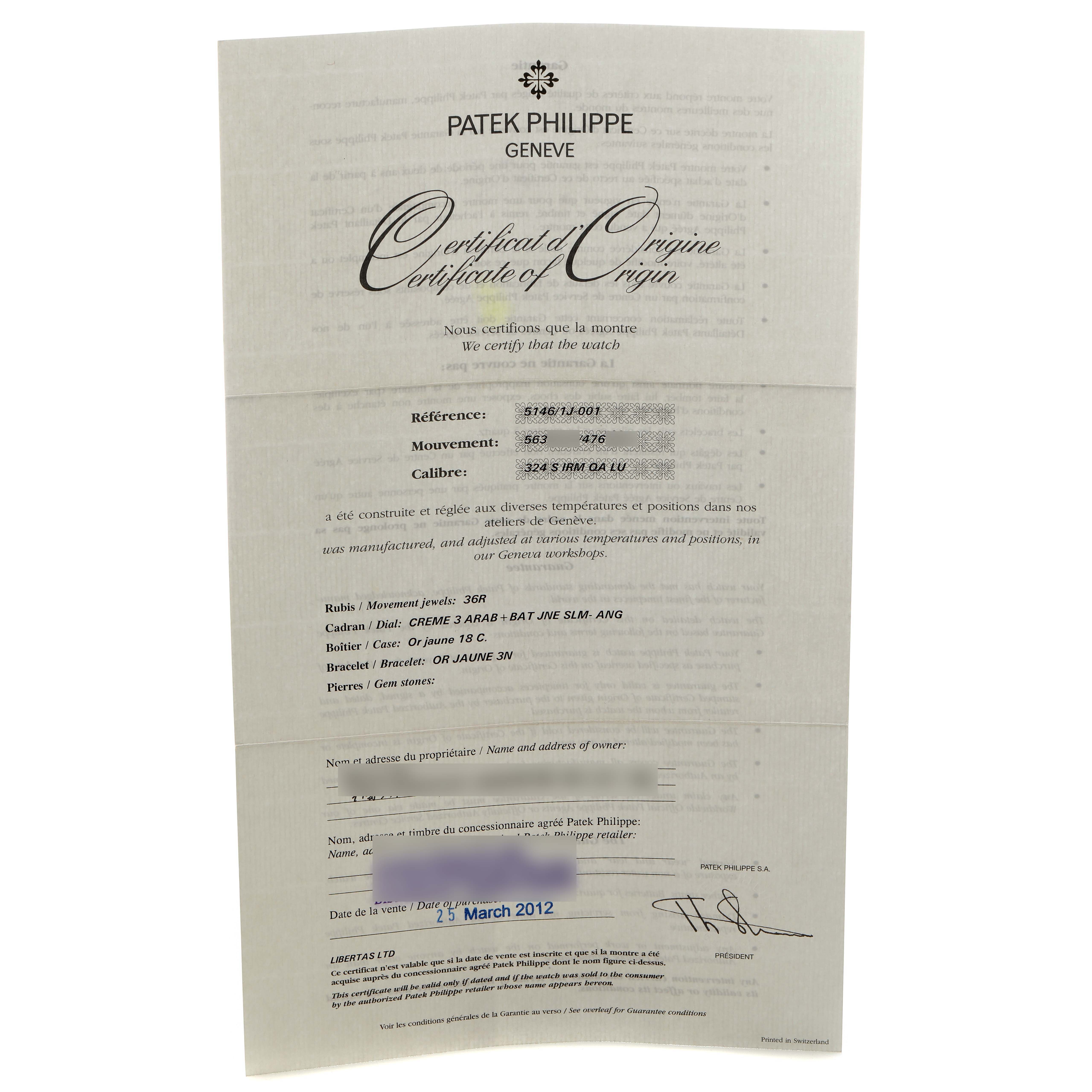 The image shows a certificate for a Patek Philippe Complications 5146/1J-001 Men's Yellow Gold White Dial watch, detailing movements, reference, and date of purchase.