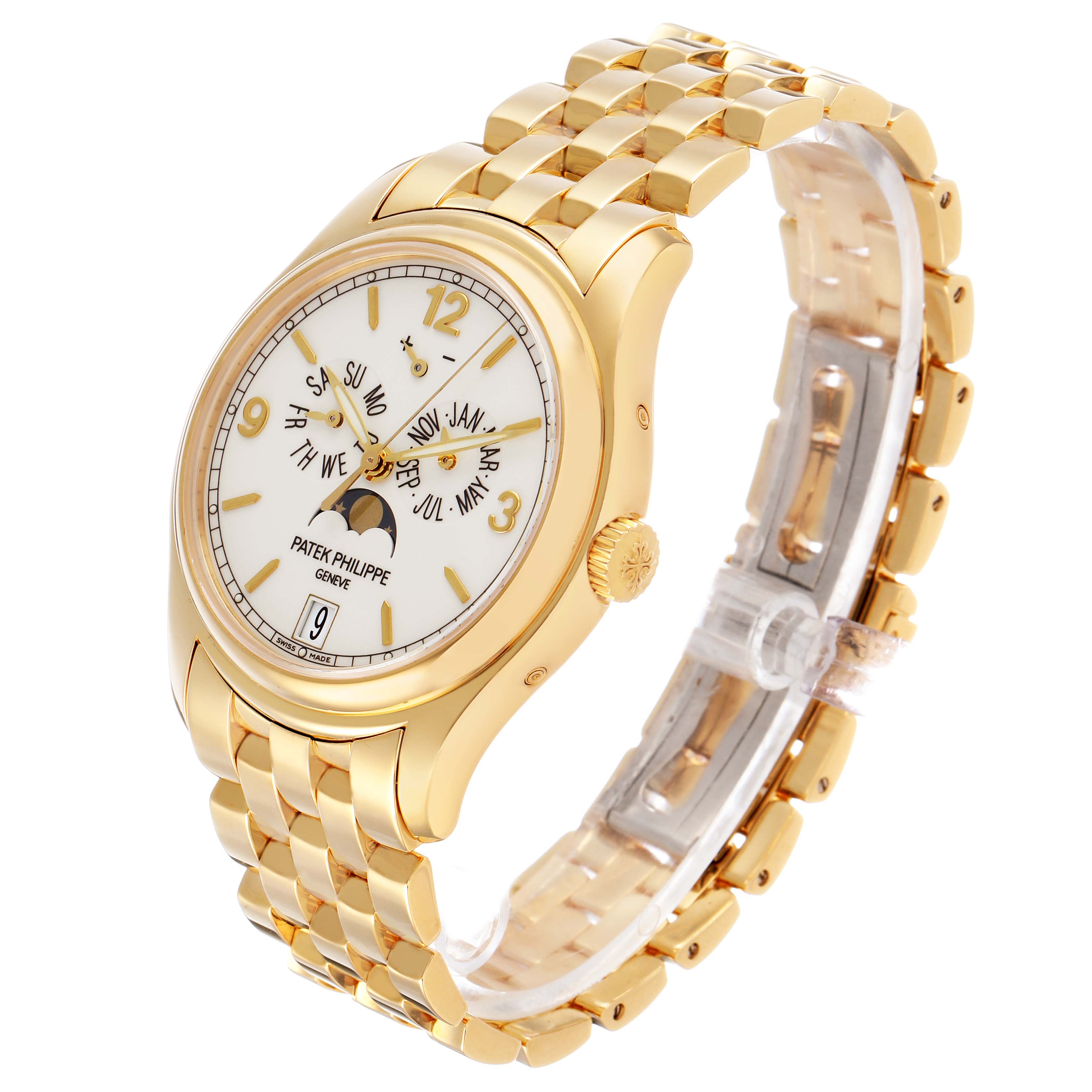 The Patek Philippe Complications 5146/1J-001 Men's Yellow Gold White Dial watch is shown at a three-quarter angle, highlighting the gold case, dial, and bracelet.