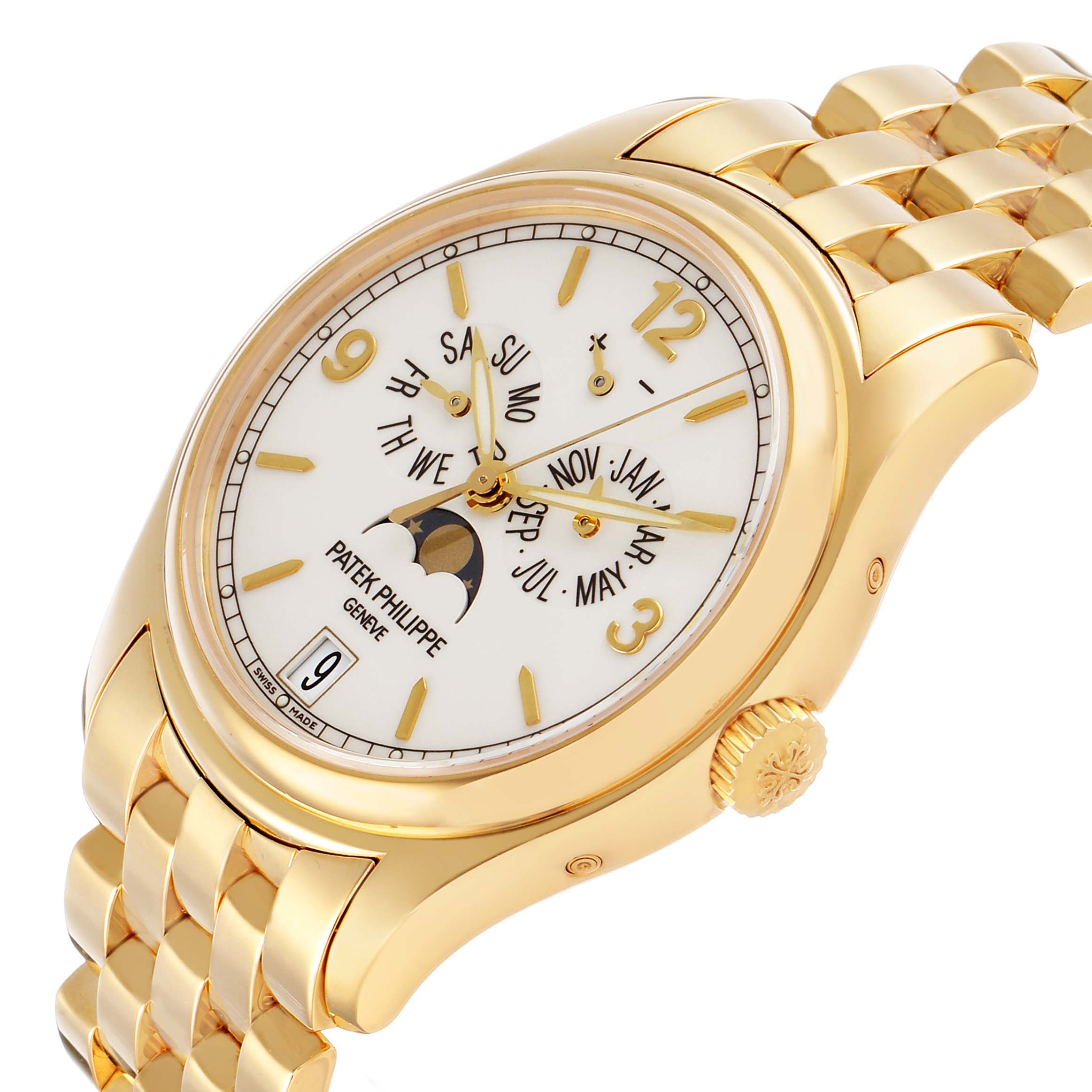 The Patek Philippe Complications 5146/1J-001 Men's Yellow Gold White Dial watch is shown from a front angle, highlighting the dial, case, crown, and bracelet.