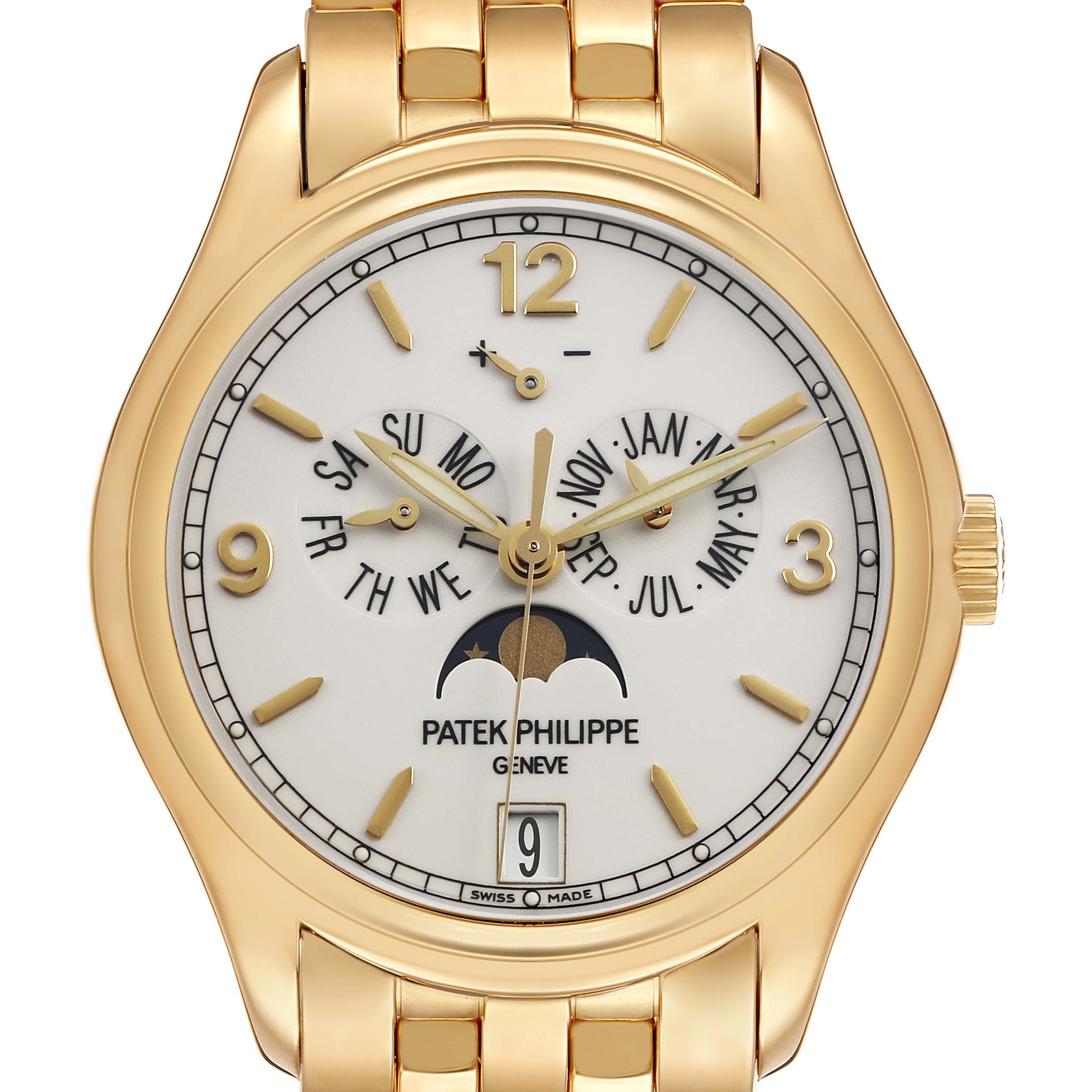 The Patek Philippe Complications 5146/1J-001 Men's Yellow Gold White Dial watch is shown from a straight-on angle, highlighting the dial, subdials, and moon phase.