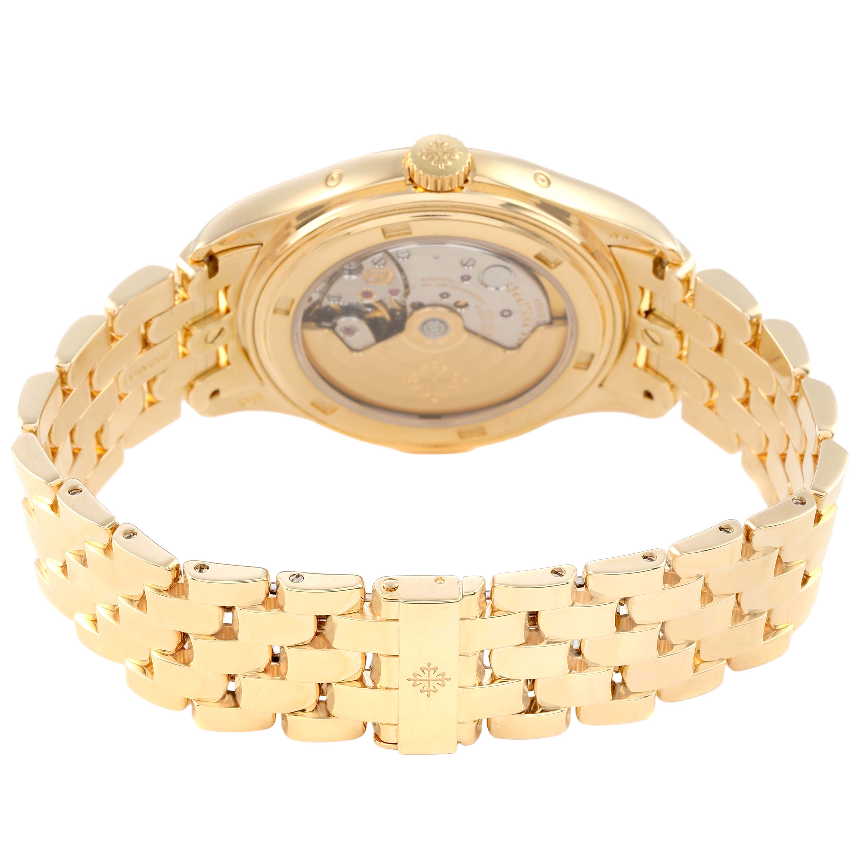The image shows the back of the Patek Philippe Complications 5146/1J-001 Men's Yellow Gold White Dial model, highlighting the transparent case back and golden bracelet.