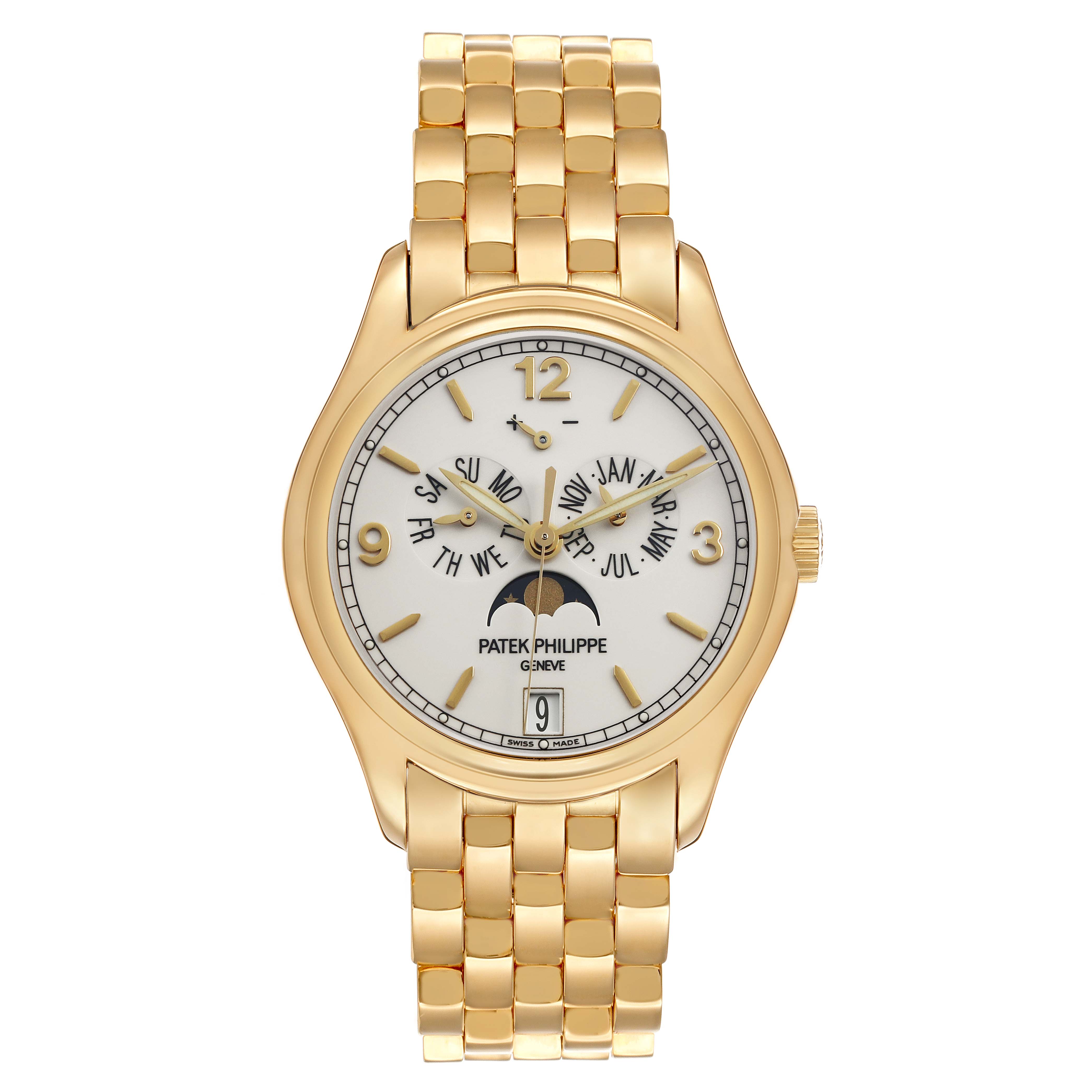 The Patek Philippe Complications 5146/1J-001 Men's Yellow Gold White Dial watch is shown from the front, displaying the dial, bezel, and bracelet.