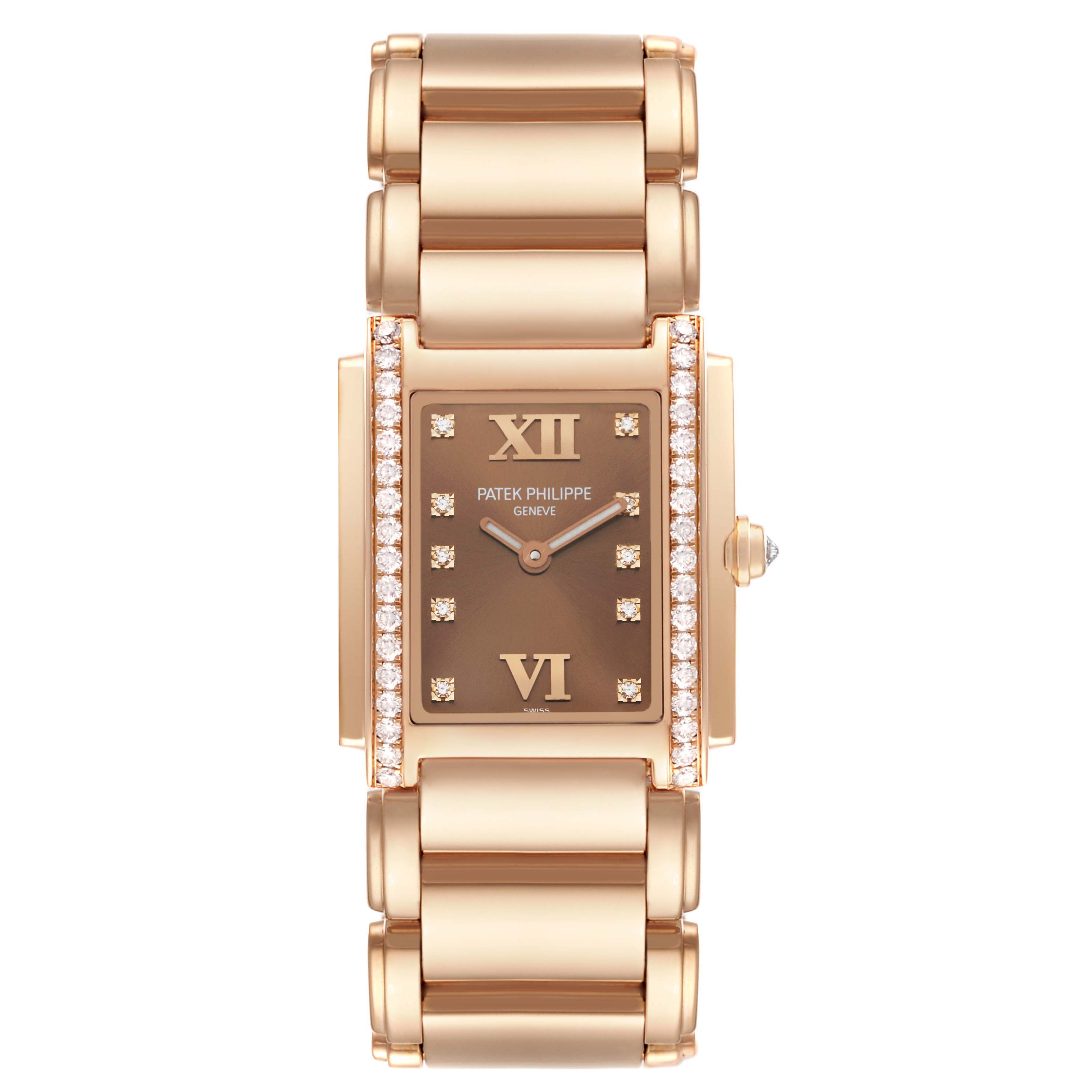 This image shows a front view of the Patek Philippe Twenty-4 4910/11 Women's Rose Gold Brown Dial 4910/11 Women's Rose Gold Brown Dial watch, highlighting its rectangular face, diamond accents, and bracelet.