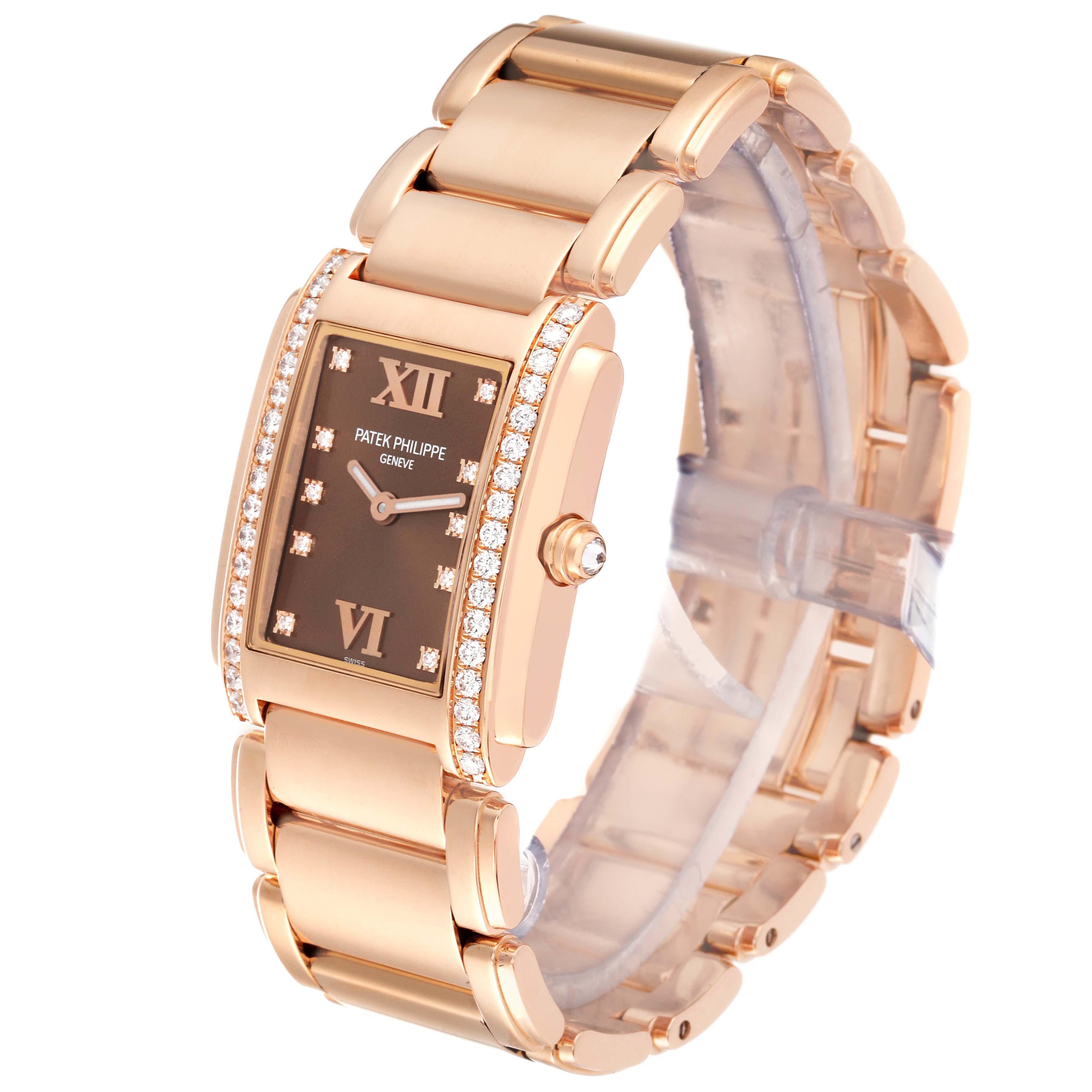 The image shows a Patek Philippe Twenty-4 4910/11 Women's Rose Gold Brown Dial 4910/11 Women's Rose Gold Brown Dial model watch at a three-quarter angle, highlighting the dial, bezel, and bracelet.