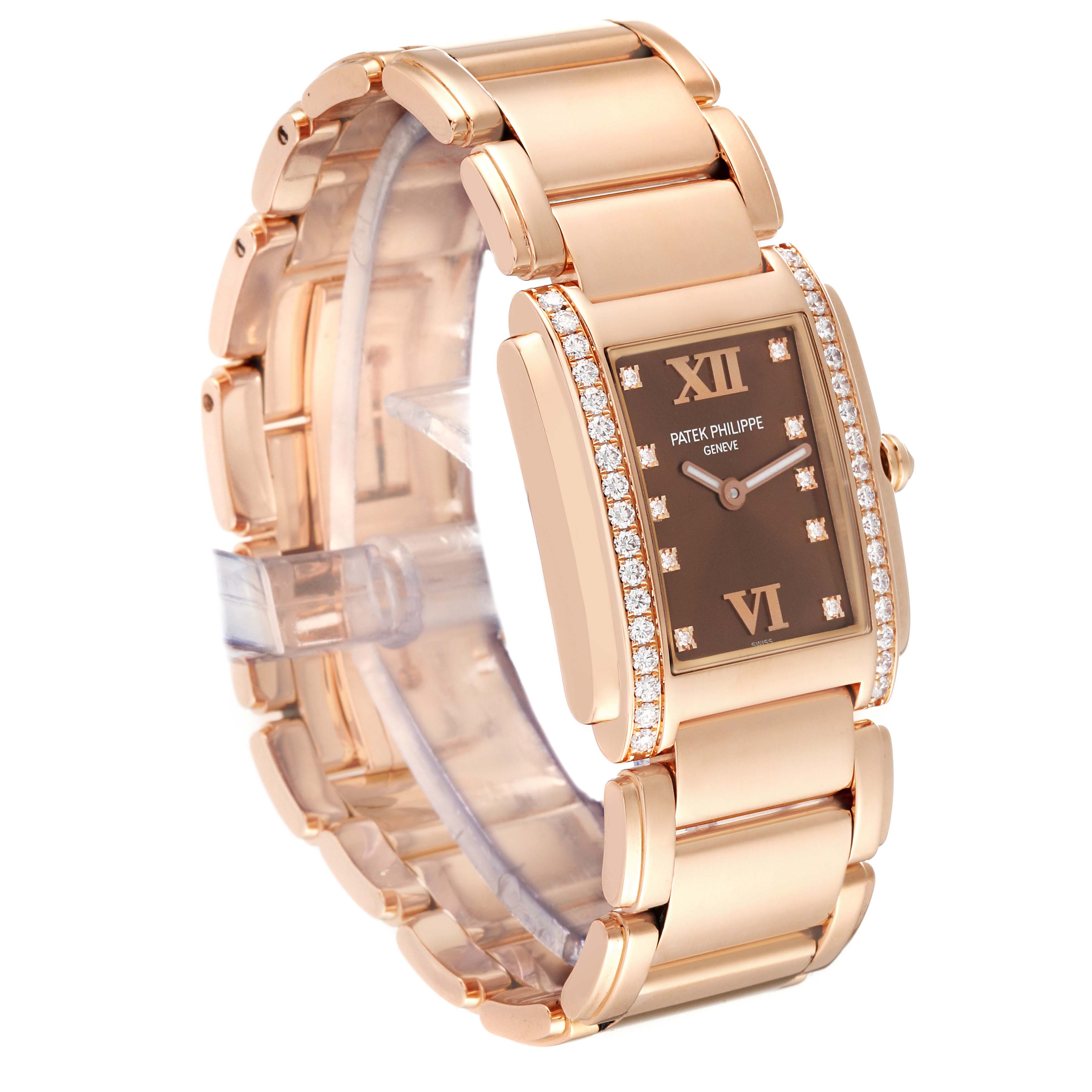 The Patek Philippe Twenty-4 4910/11 Women's Rose Gold Brown Dial 4910/11 Women's Rose Gold Brown Dial watch is shown at a three-quarter angle, displaying its dial, bezel, and bracelet.