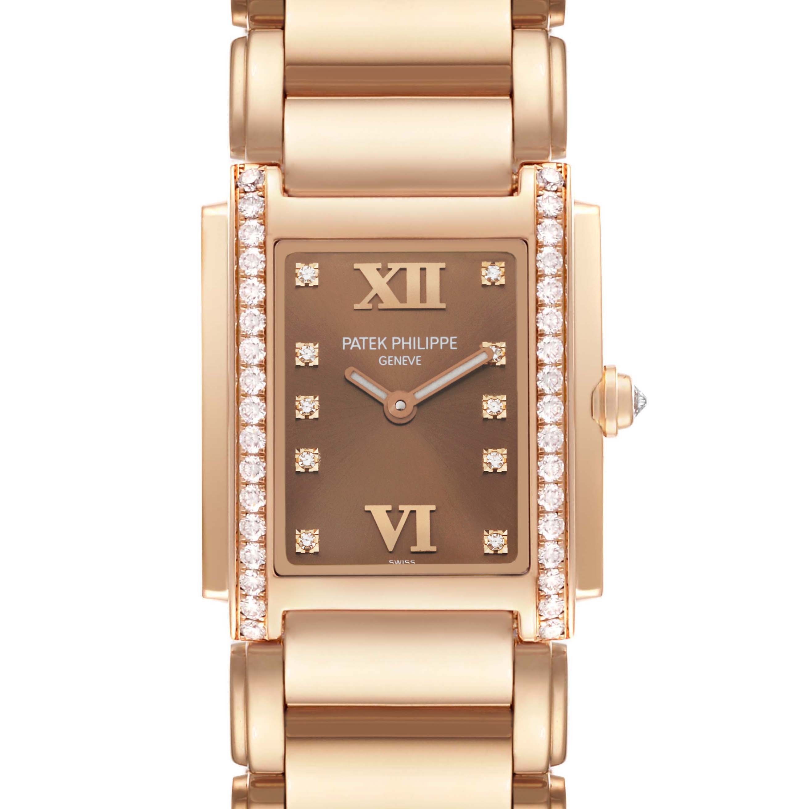 This image shows a front view of a Patek Philippe Twenty-4 4910/11 Women's Rose Gold Brown Dial 4910/11 Women's Rose Gold Brown Dial watch, highlighting its rectangular dial and diamond accents.