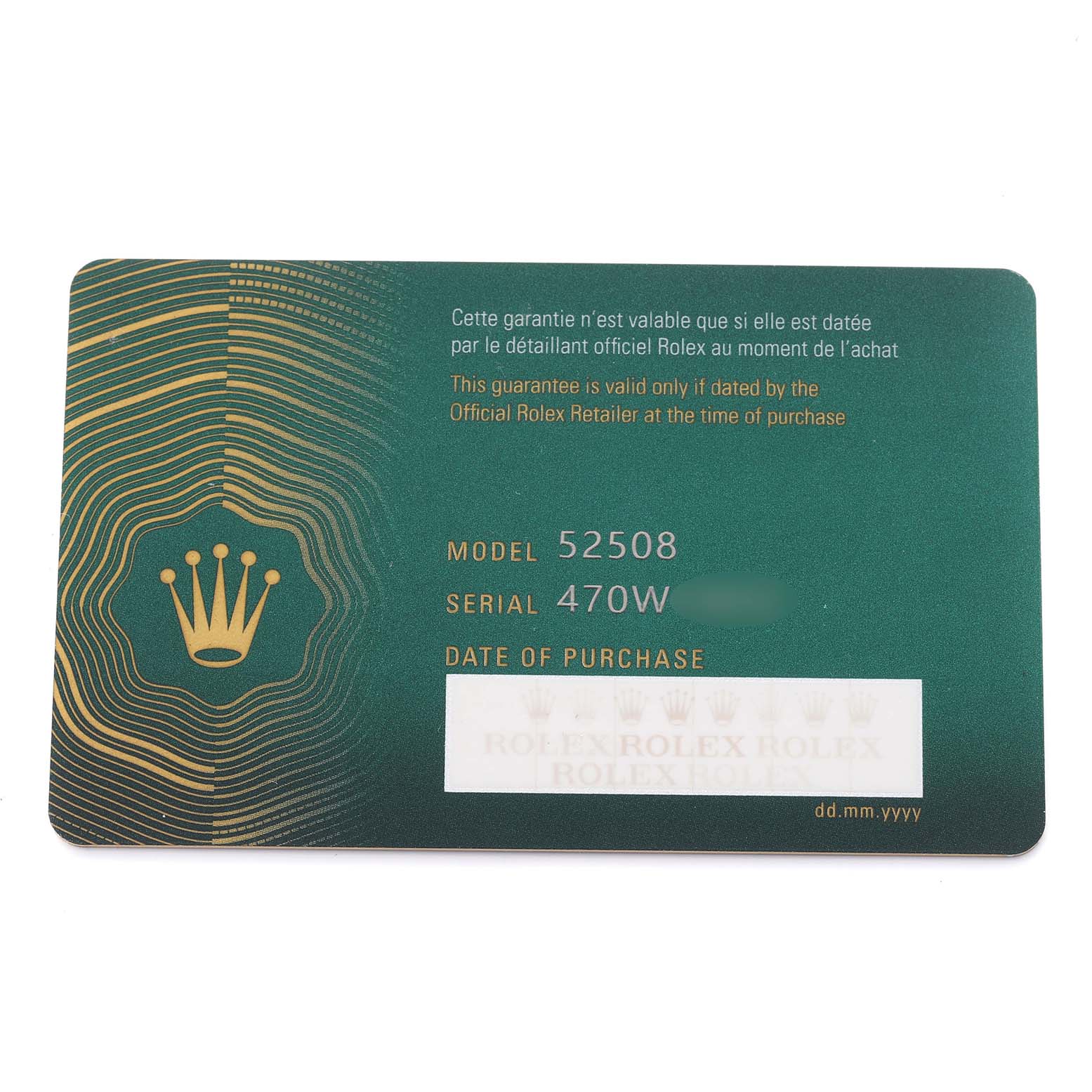 The image shows a warranty card for a Rolex 1908 52508-0002 Men's Yellow Gold Black Dial 52508-0002 Men's Yellow Gold Black Dial model, featuring model and serial numbers with branding elements.