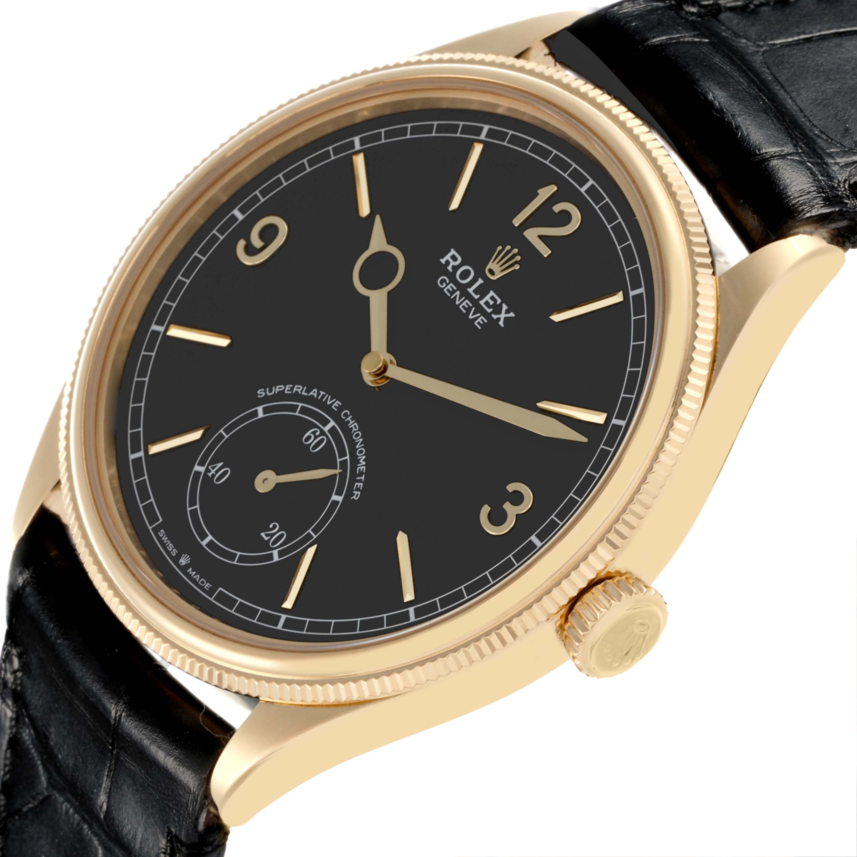 The 1908 Rolex watch is shown at an angled view highlighting the black dial, gold case, and crown, with a black leather strap.