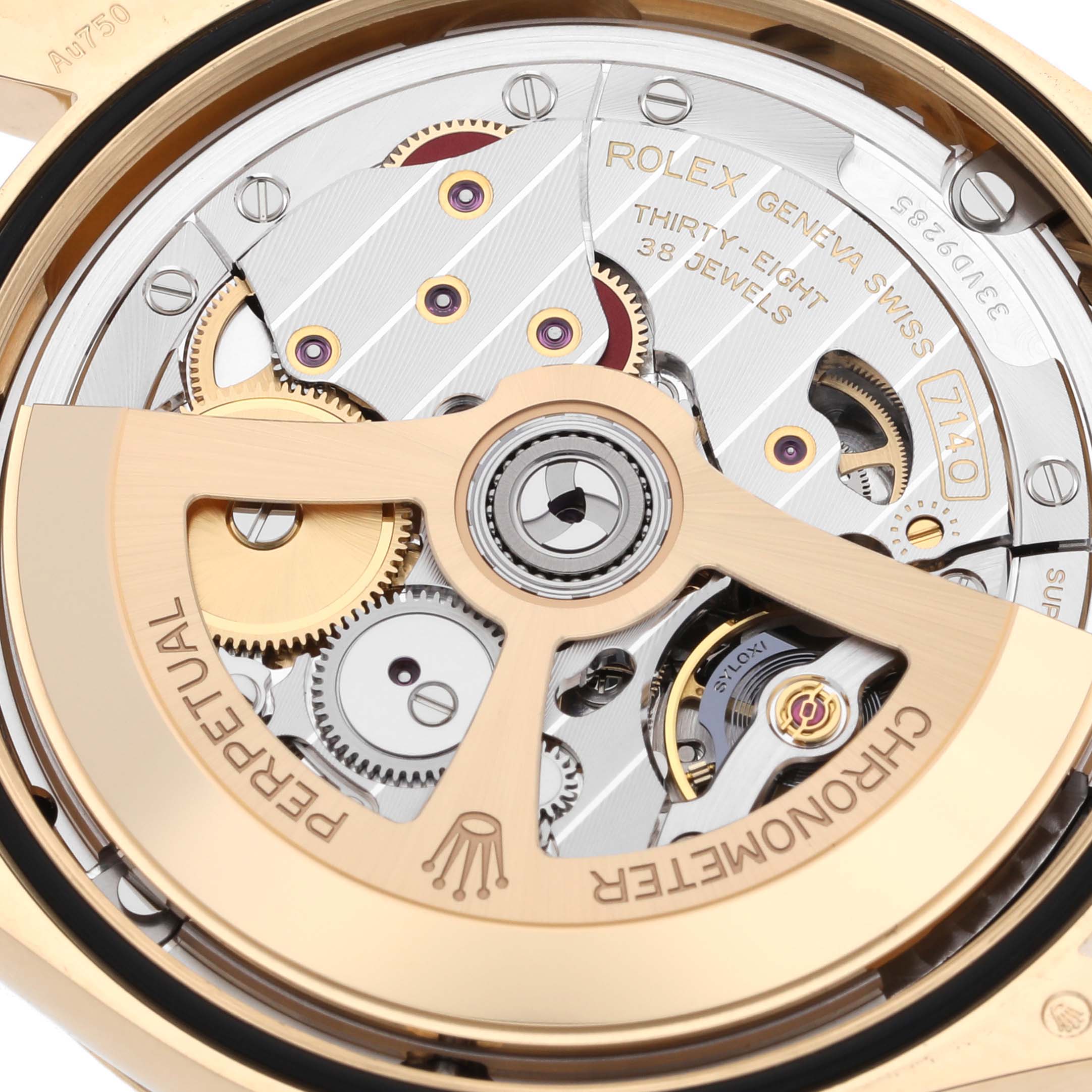 The image shows the intricate internal mechanics and rotor of the Rolex 1908 52508-0002 Men's Yellow Gold Black Dial 52508-0002 Men's Yellow Gold Black Dial model from a close-up angle.