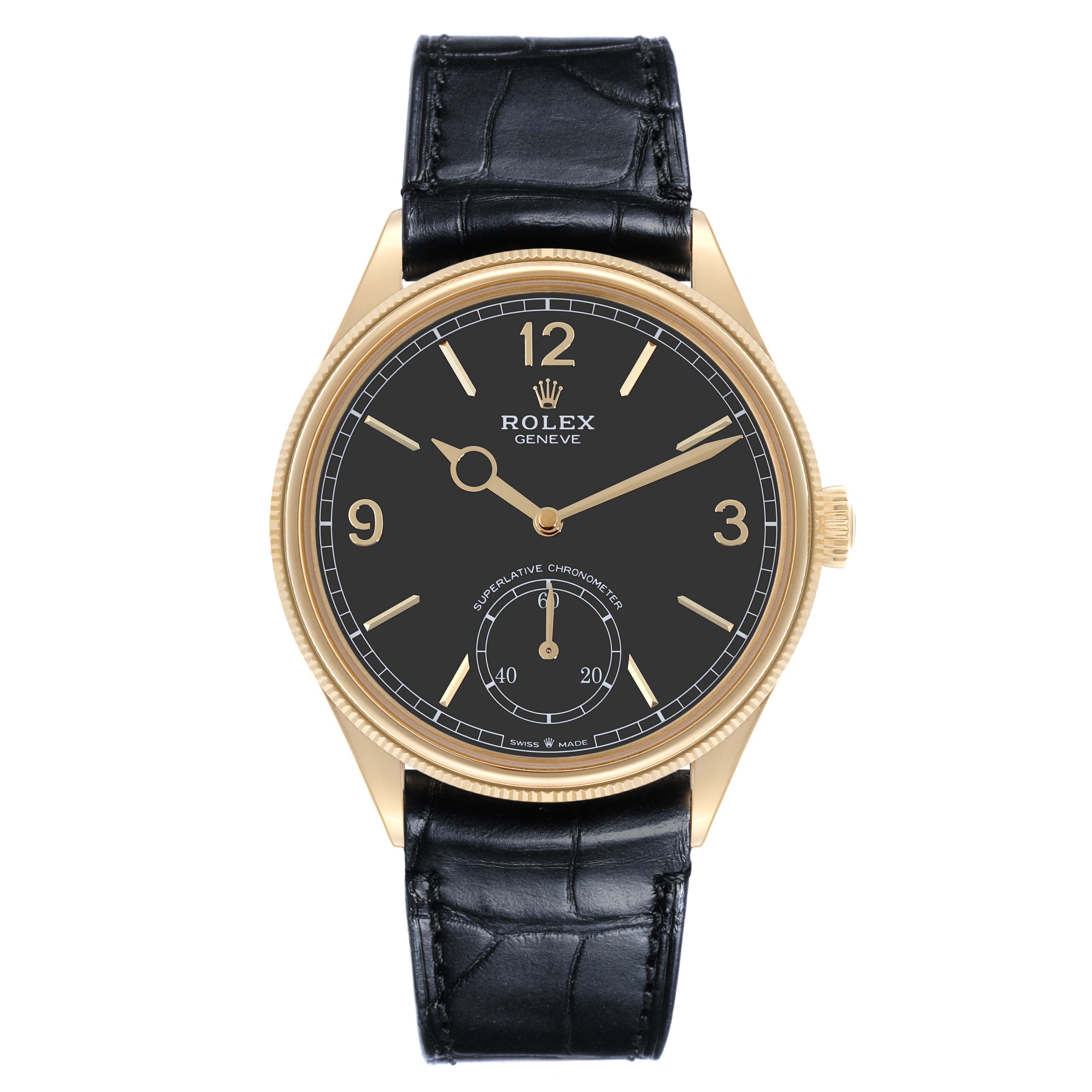 The Rolex 1908 52508-0002 Men's Yellow Gold Black Dial 52508-0002 Men's Yellow Gold Black Dial model is shown from a front angle, highlighting the black dial, gold case, and black leather strap.