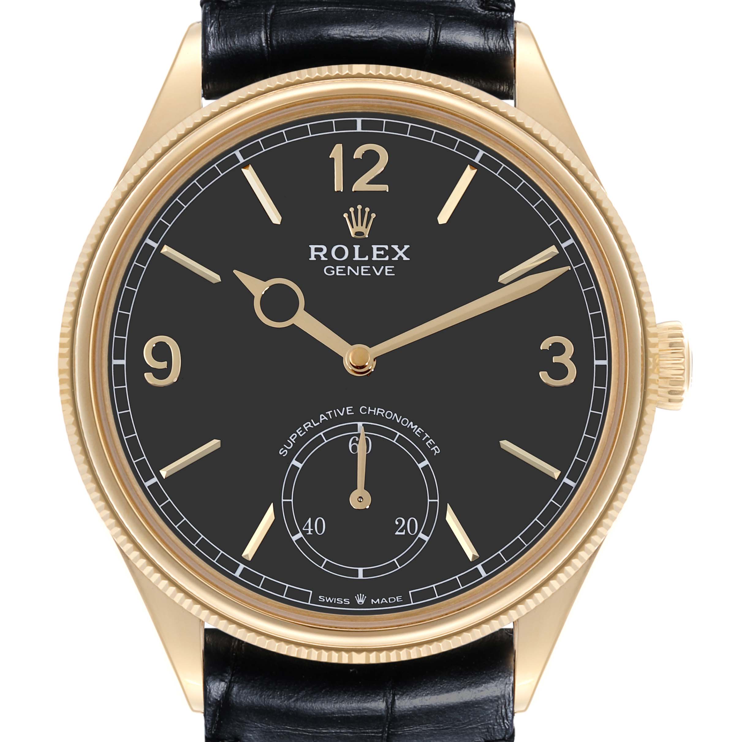 The image displays a front view of the Rolex 1908 52508-0002 Men's Yellow Gold Black Dial 52508-0002 Men's Yellow Gold Black Dial watch, showing its black dial, gold numerals, and leather strap.