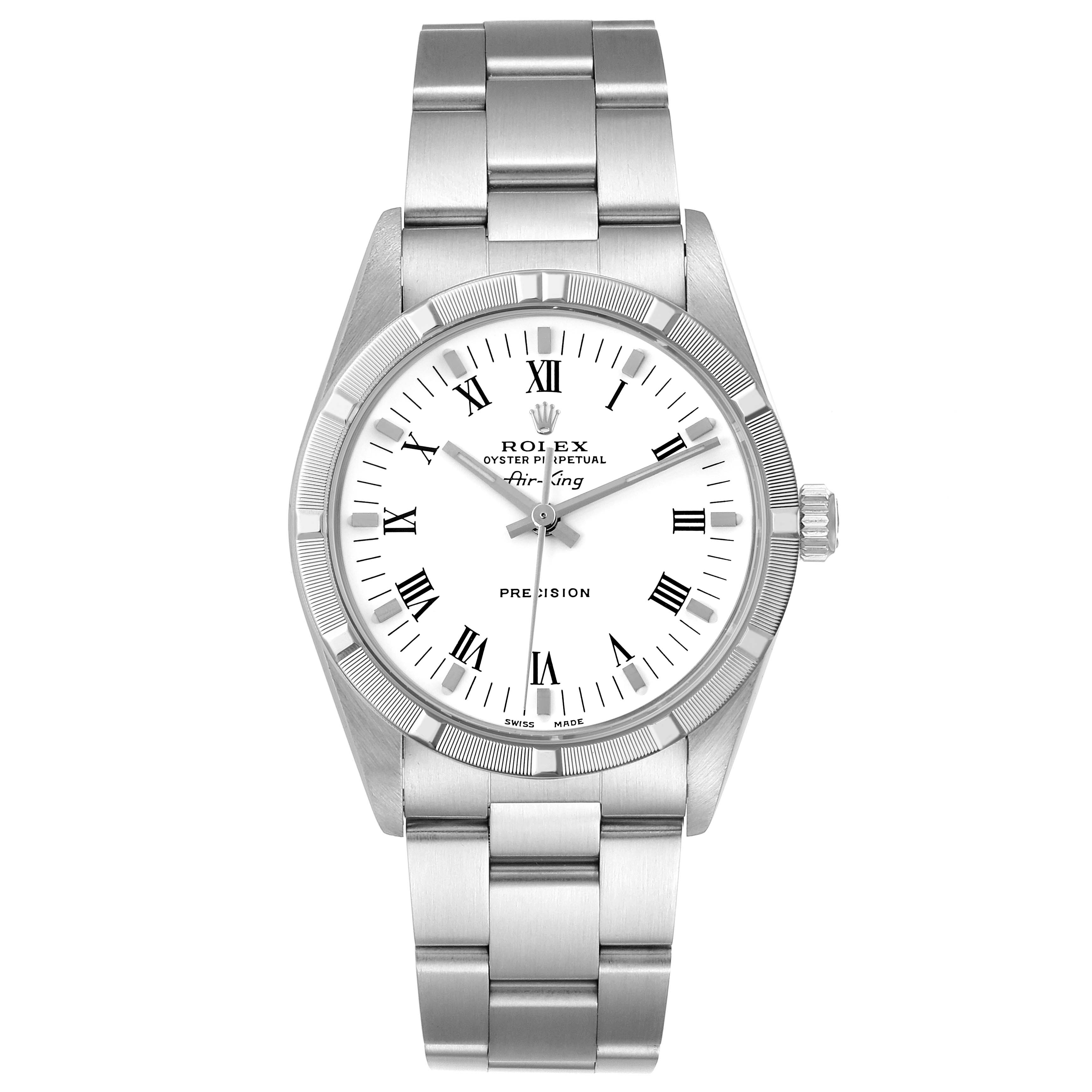 The Rolex Air-King 14010 Men's Stainless Steel White Dial 14010 Men's Stainless Steel White Dial watch is shown from a top-down angle, displaying the dial, bezel, and bracelet.