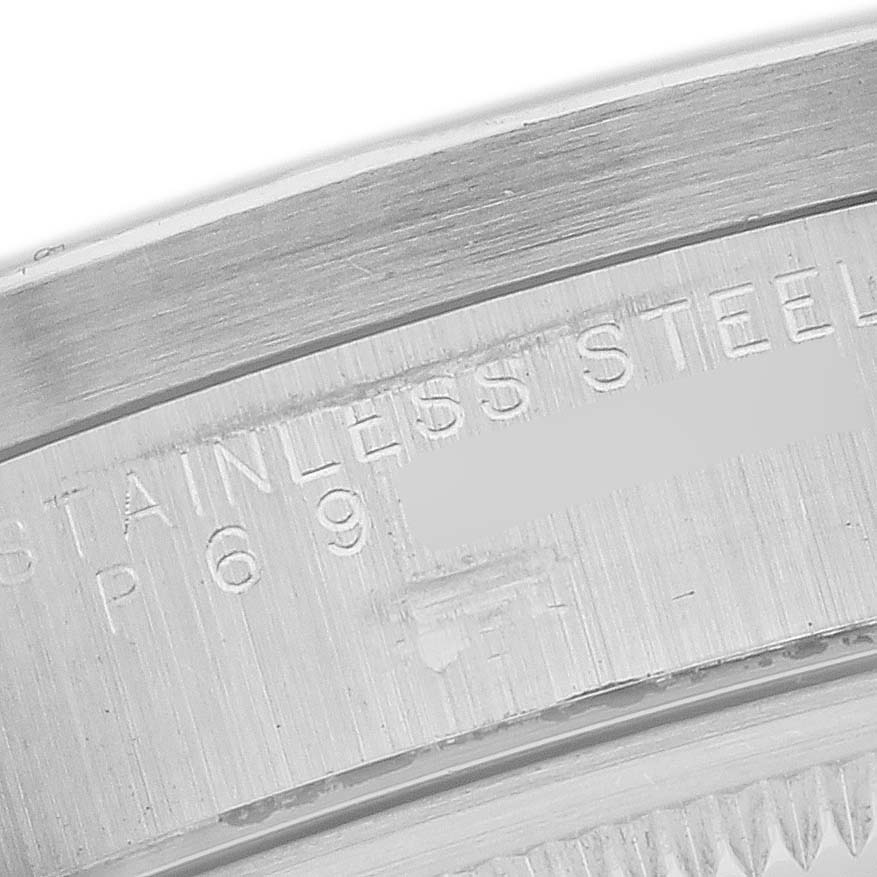 The image shows a close-up of the engraving on the stainless steel case of a Rolex Air-King 14010 Men's Stainless Steel White Dial 14010 Men's Stainless Steel White Dial watch.