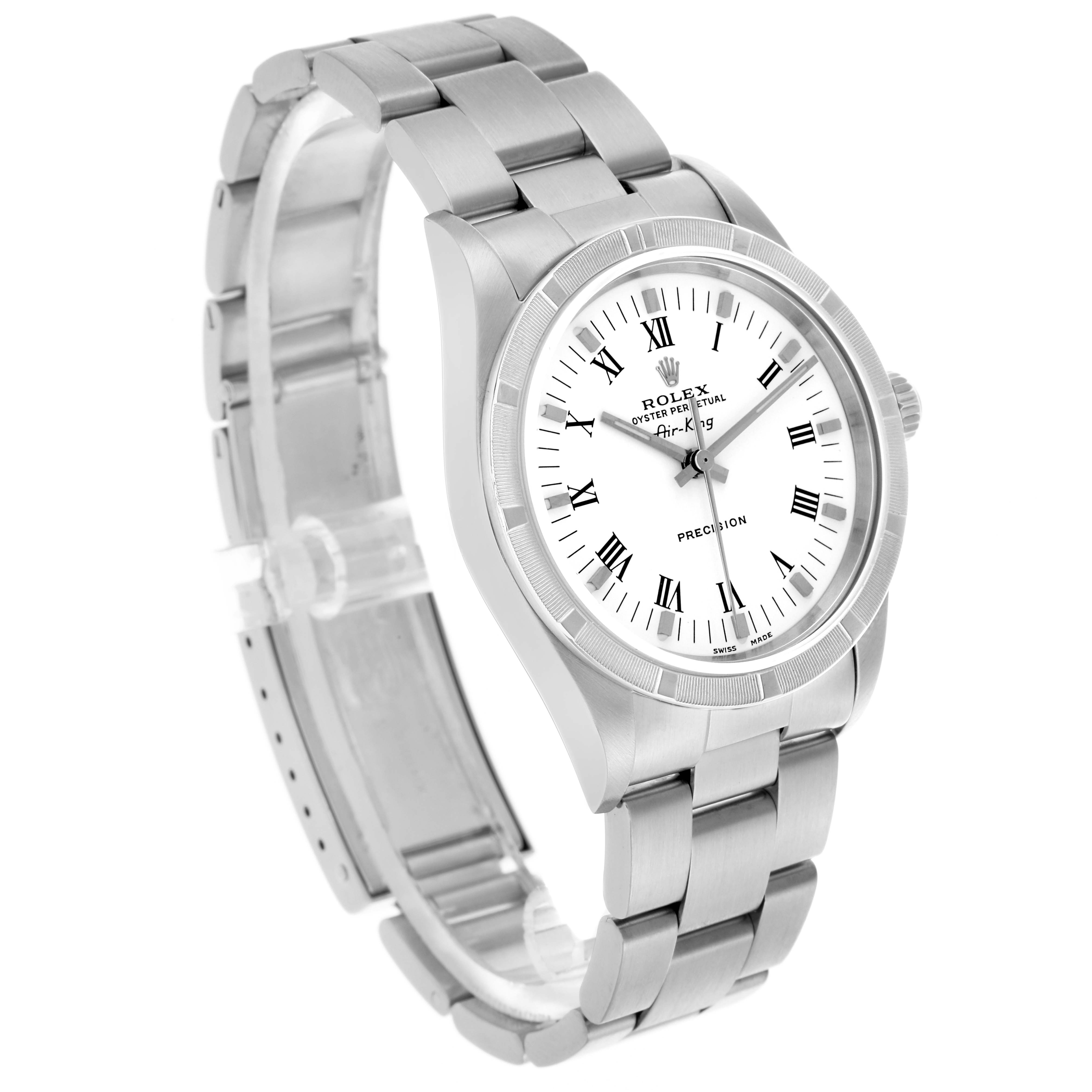 The Rolex Air-King 14010 Men's Stainless Steel White Dial 14010 Men's Stainless Steel White Dial watch is shown at an angled side view, displaying the bracelet, case, and face with Roman numerals.