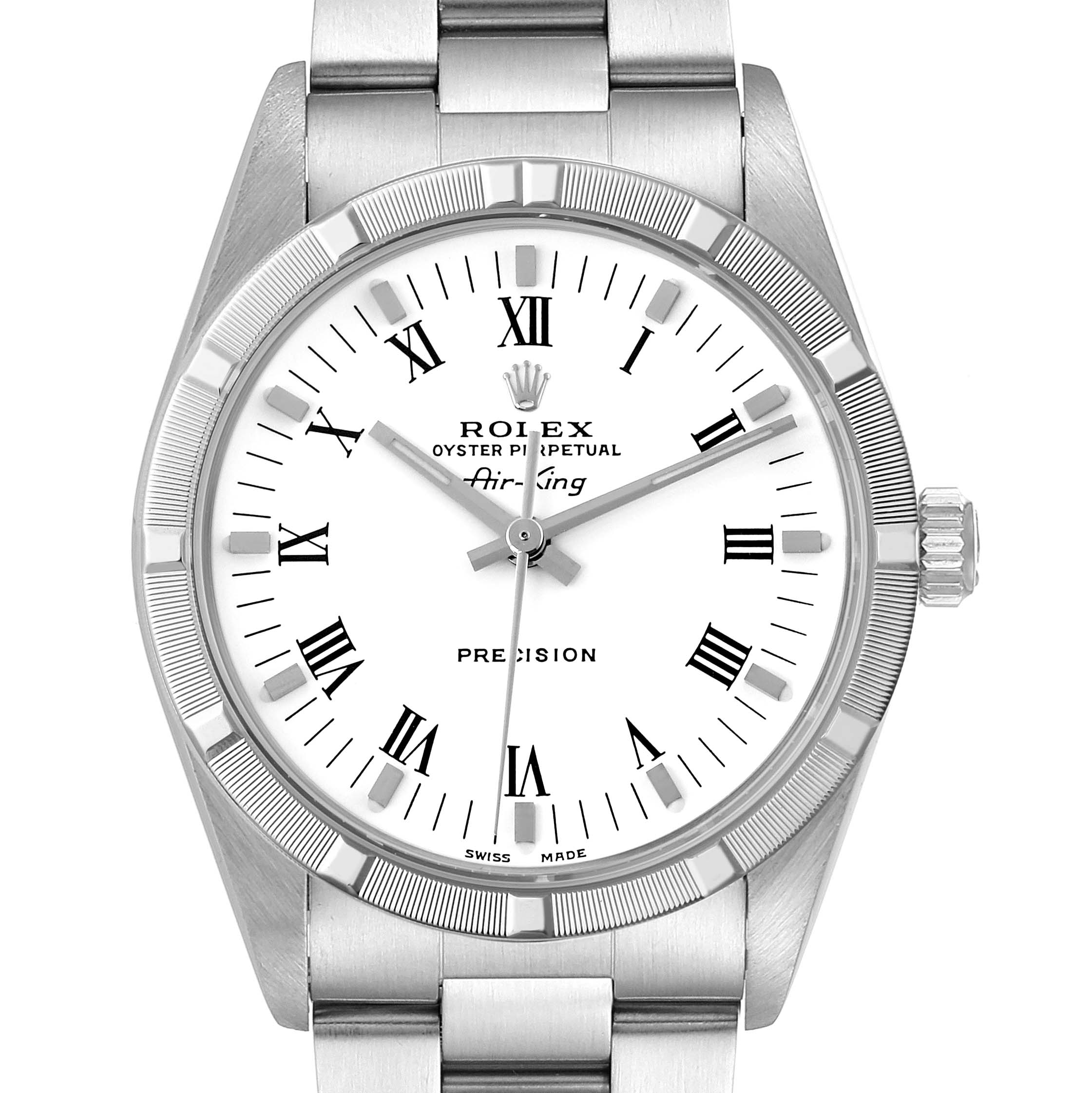 The image shows a frontal view of the Rolex Air-King 14010 Men's Stainless Steel White Dial 14010 Men's Stainless Steel White Dial watch, highlighting the dial, hour markers, hands, bezel, and bracelet.