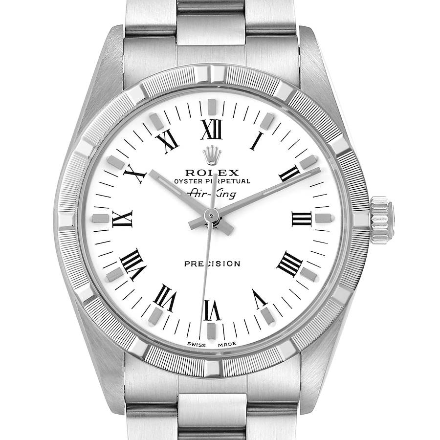 The image shows a frontal view of the Rolex Air-King watch, highlighting the dial, hour markers, hands, bezel, and bracelet.