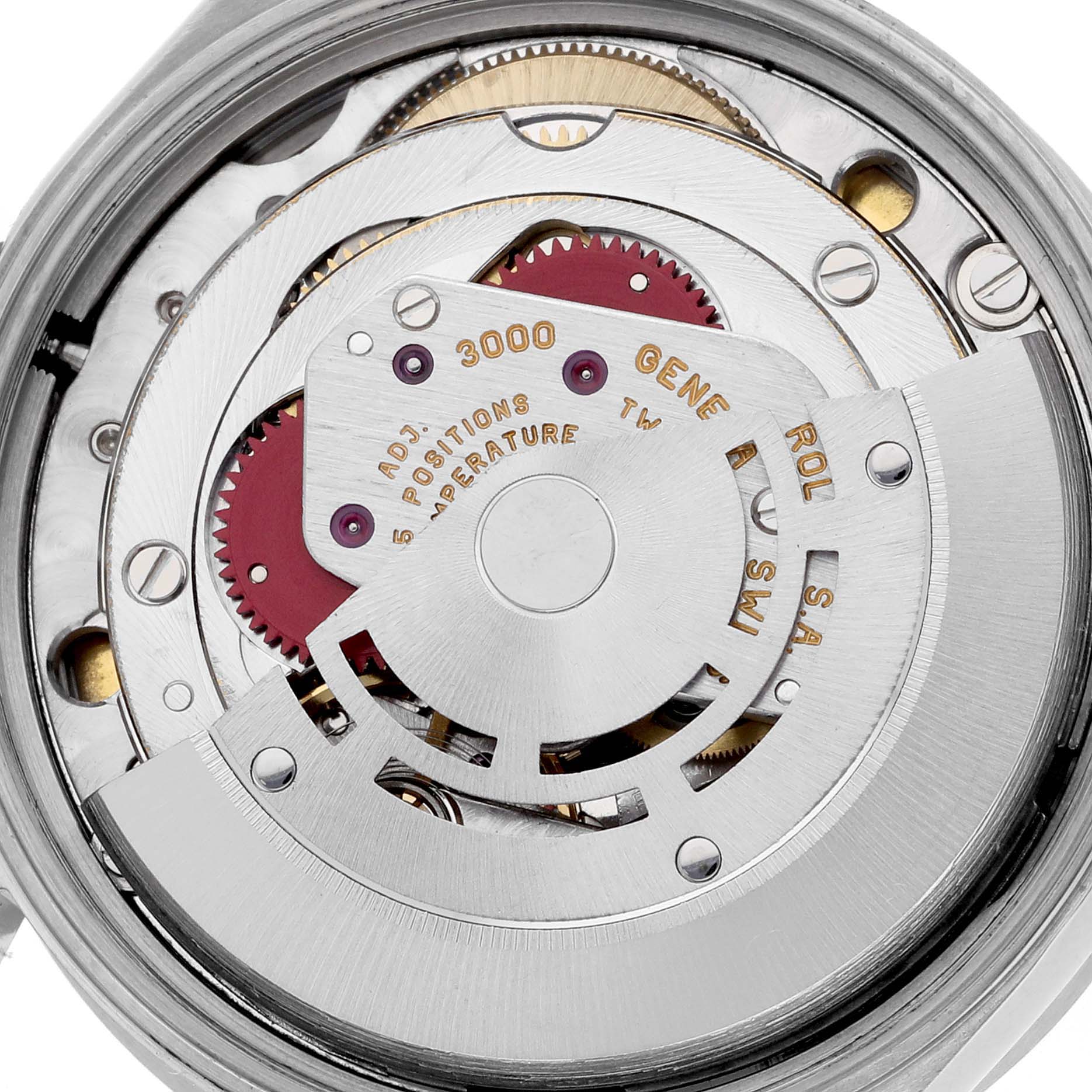 The image shows the movement of the Rolex Air-King 14010 Men's Stainless Steel White Dial 14010 Men's Stainless Steel White Dial watch, highlighting the rotor and gear system from the back.