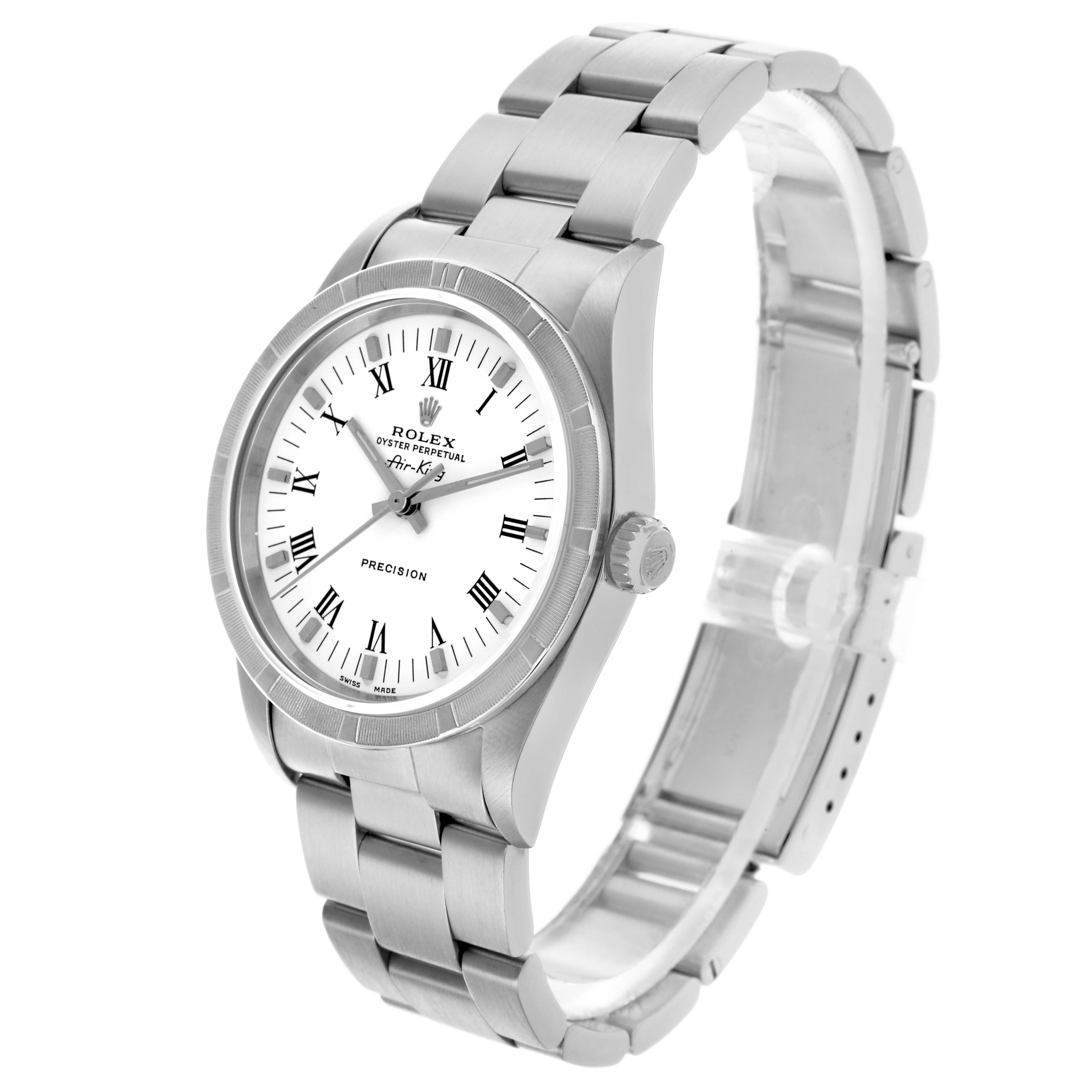The image shows a Rolex Air-King 14010 Men's Stainless Steel White Dial 14010 Men's Stainless Steel White Dial watch at a three-quarter angle, displaying the dial, bezel, and bracelet.