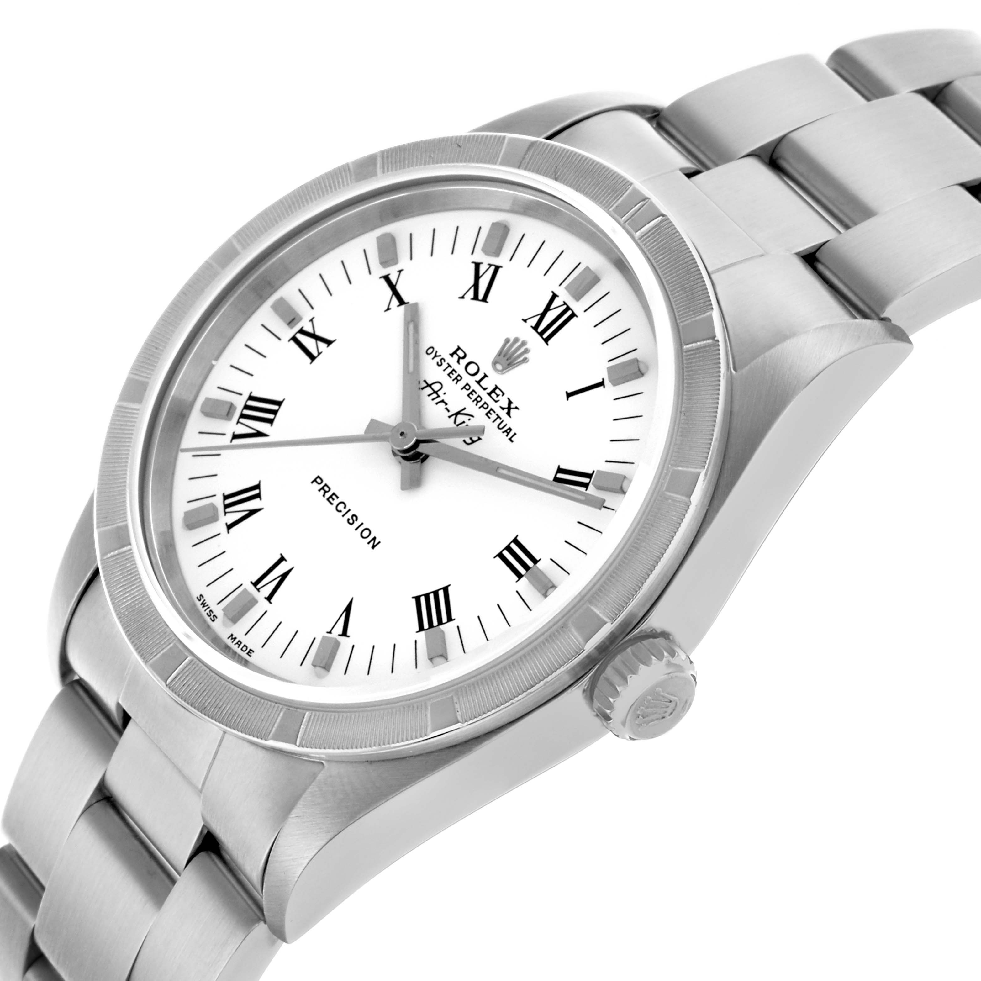 The Rolex Air-King 14010 Men's Stainless Steel White Dial 14010 Men's Stainless Steel White Dial watch is shown at a slight angle, displaying the face, bezel, crown, and part of the bracelet.