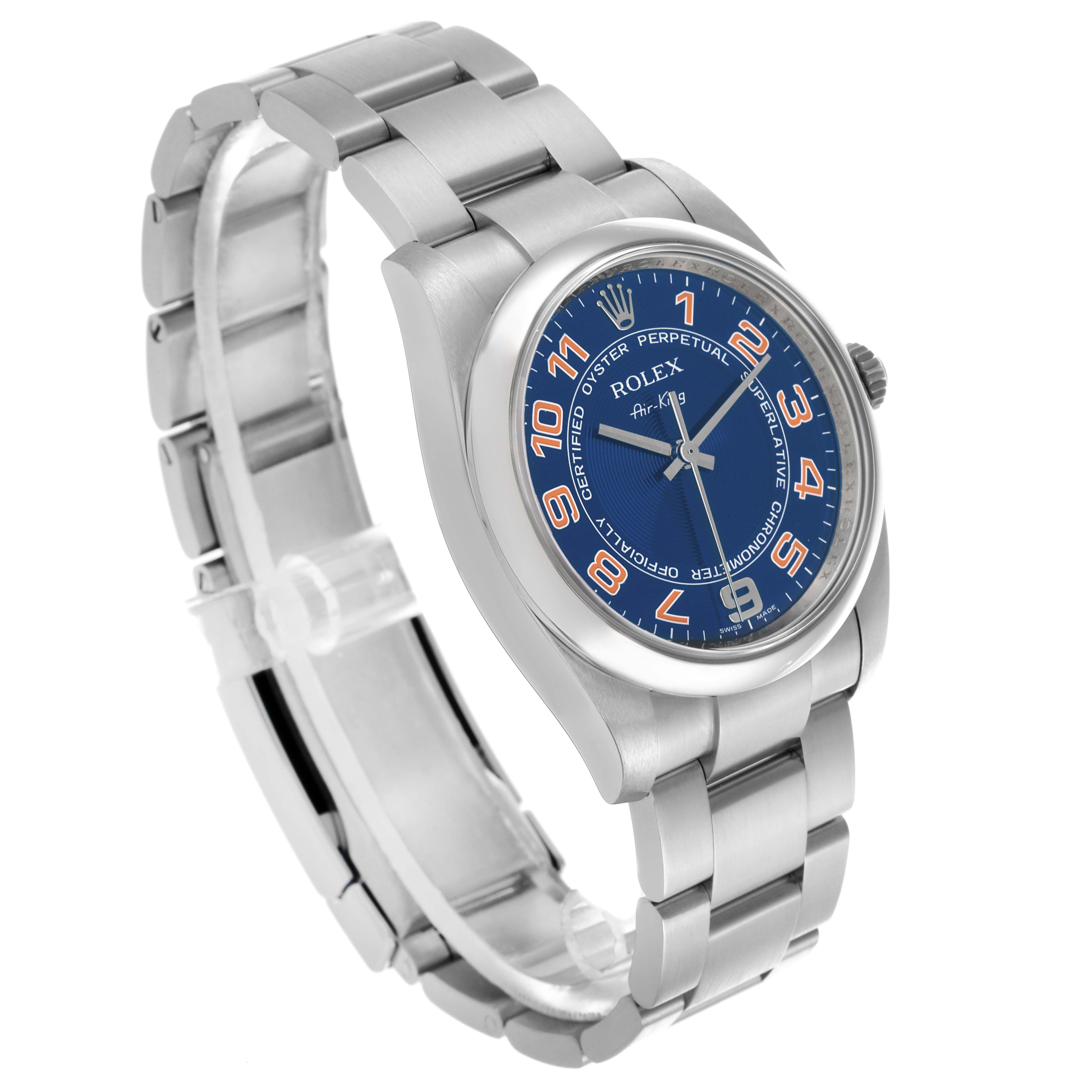 The Rolex Air-King 114200 Men's Stainless Steel Blue Dial 114200 Men's Stainless Steel Blue Dial watch is shown at a three-quarter angle highlighting the face, bezel, and bracelet.