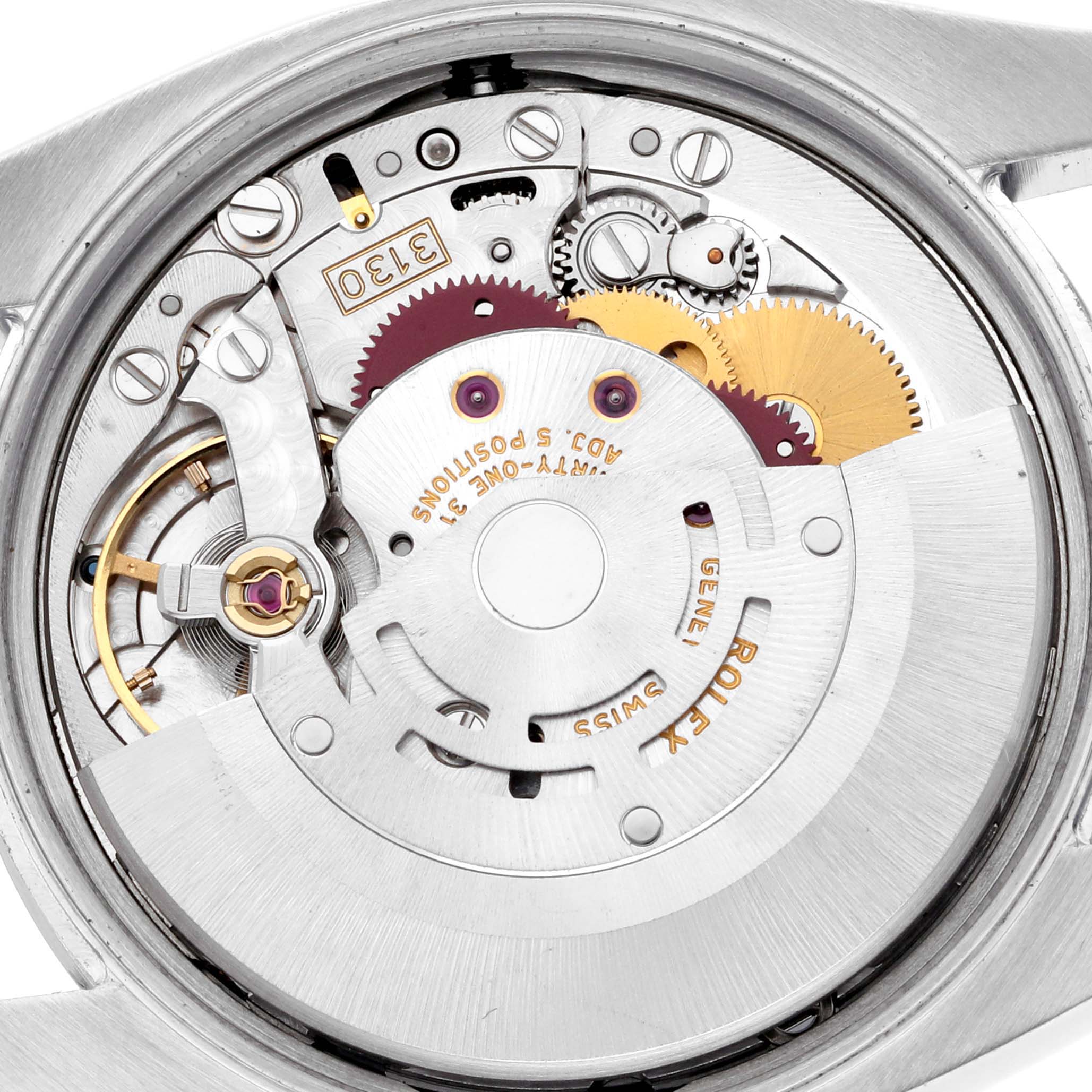 The image shows the movement of the Rolex Air-King 114200 Men's Stainless Steel Blue Dial 114200 Men's Stainless Steel Blue Dial watch from a rear angle, highlighting gears and mechanical components.