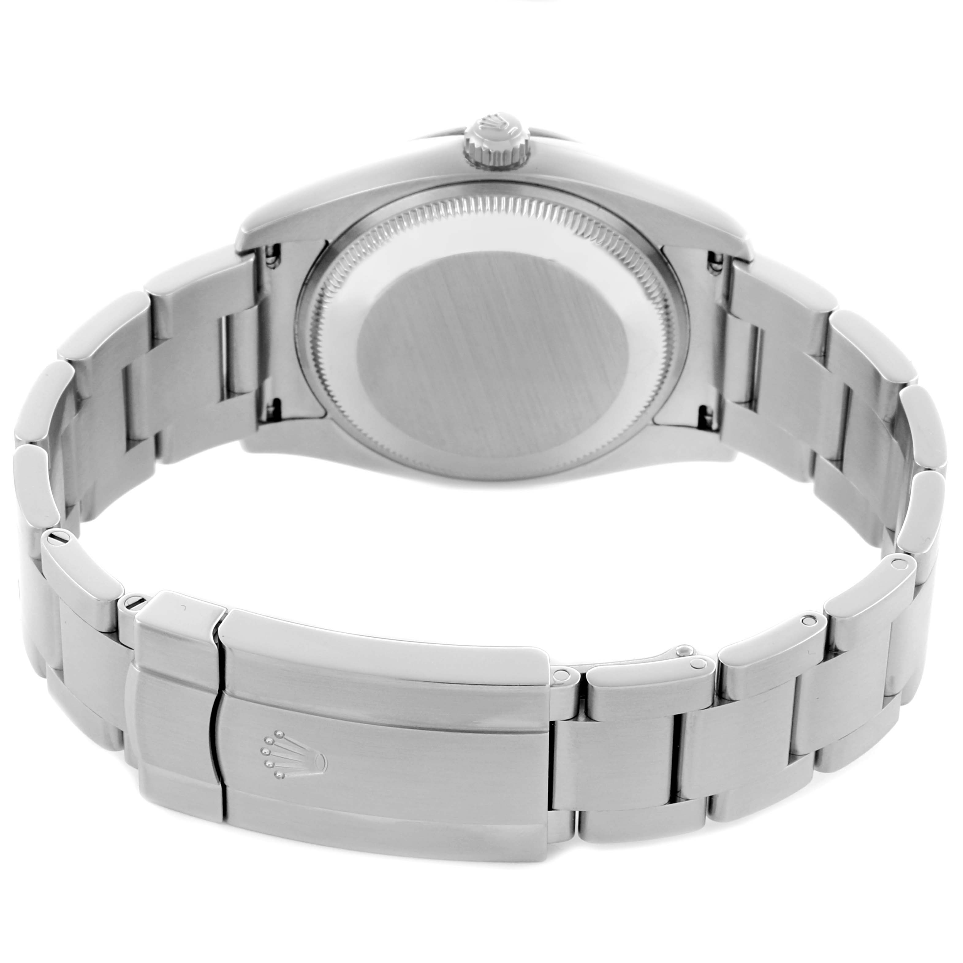 The image shows the back view of a Rolex Air-King 114200 Men's Stainless Steel Blue Dial 114200 Men's Stainless Steel Blue Dial, highlighting the case back and Oyster bracelet.