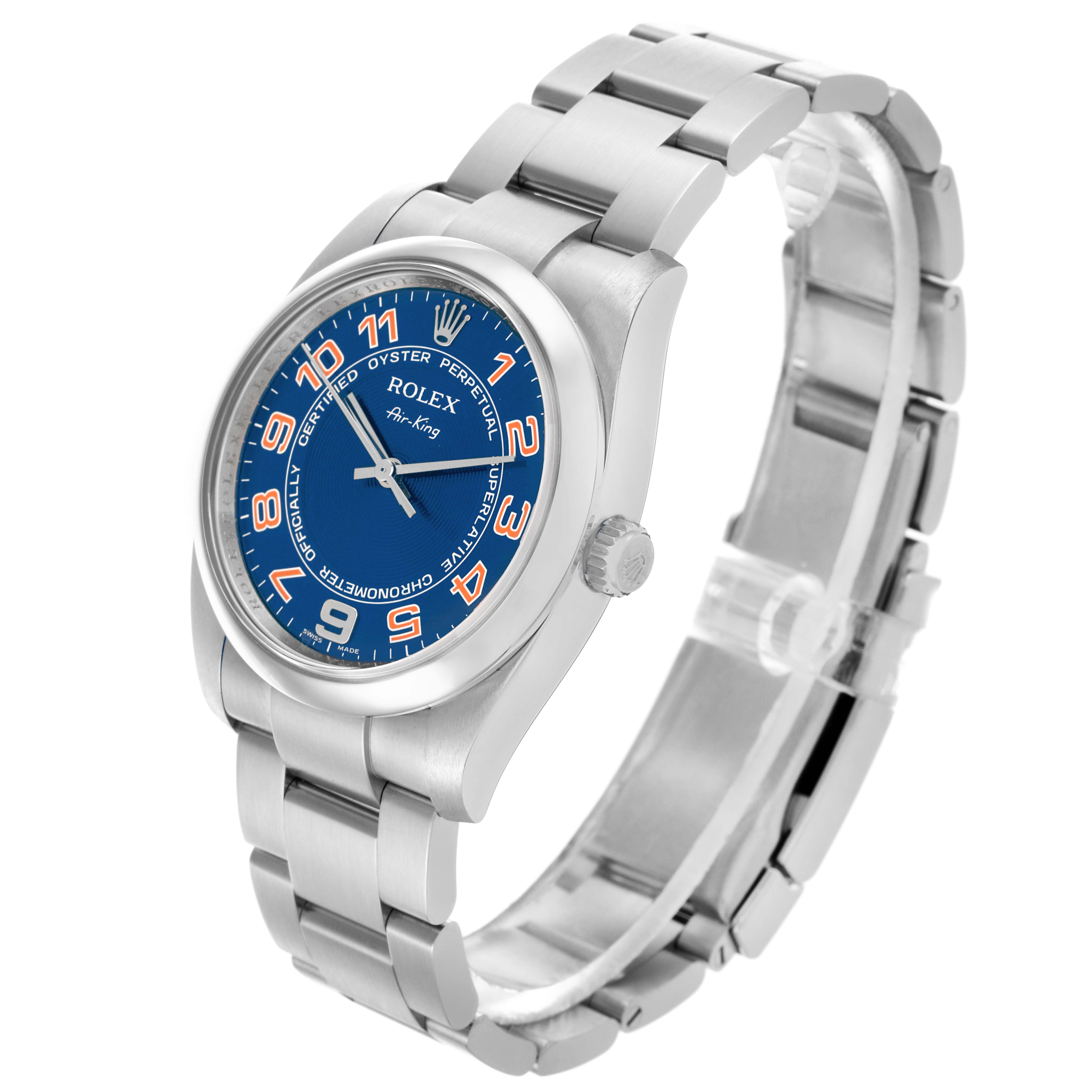 The Rolex Air-King 114200 Men's Stainless Steel Blue Dial 114200 Men's Stainless Steel Blue Dial watch is shown at a three-quarter angle, displaying the face, bracelet, and crown.