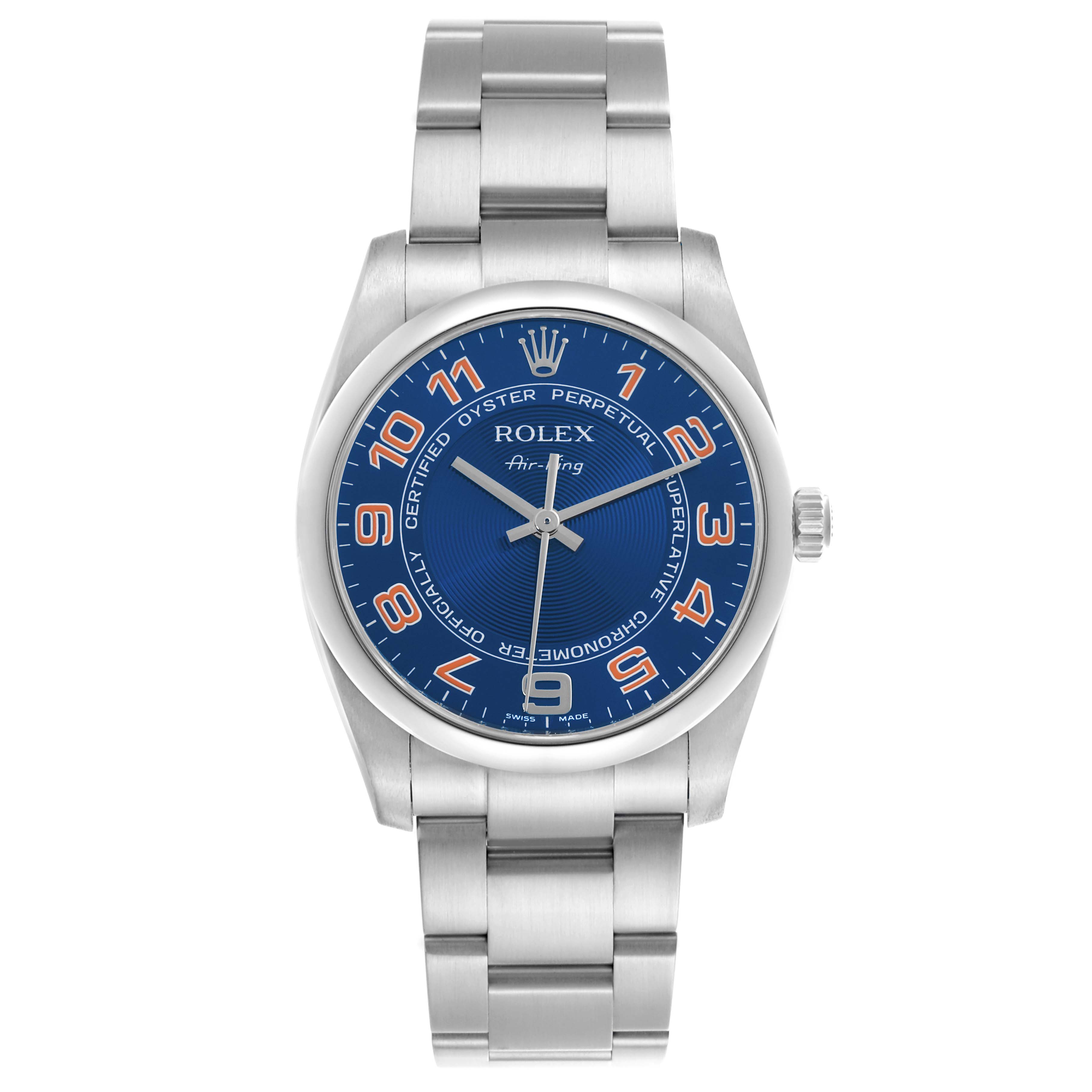 The Rolex Air-King 114200 Men's Stainless Steel Blue Dial 114200 Men's Stainless Steel Blue Dial watch is shown from a top-down angle, displaying the full face, bezel, case, and bracelet.