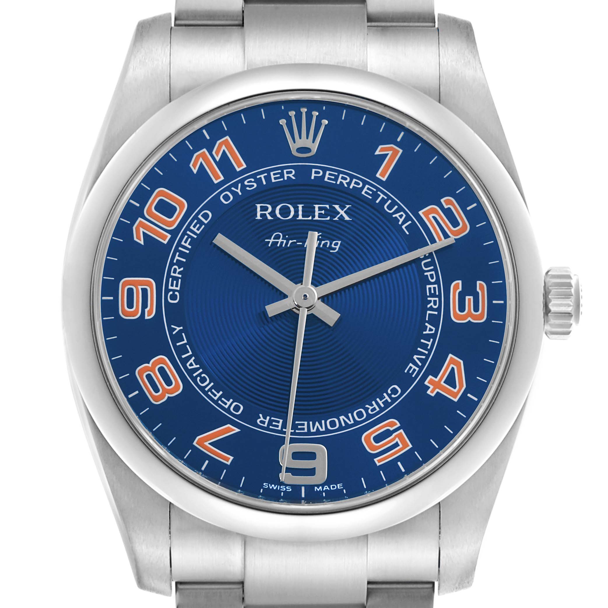 The Rolex Air-King 114200 Men's Stainless Steel Blue Dial 114200 Men's Stainless Steel Blue Dial watch is shown straight-on, displaying the dial, bezel, lugs, and part of the crown.