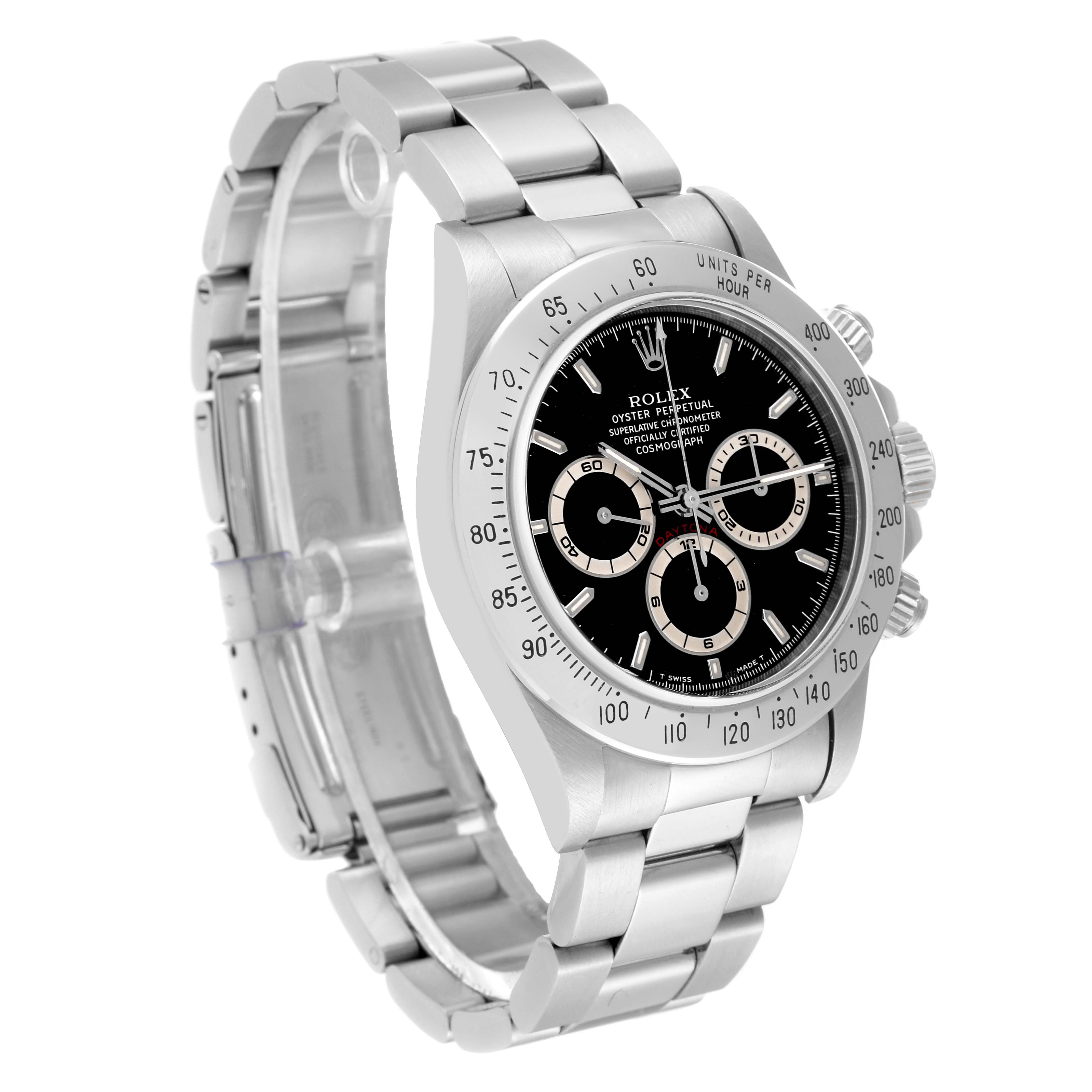 This image shows a Rolex Daytona 16520 Men's Stainless Steel Black Dial 16520 Men's Stainless Steel Black Dial watch at an angled side view, highlighting the dial, bezel, and bracelet.