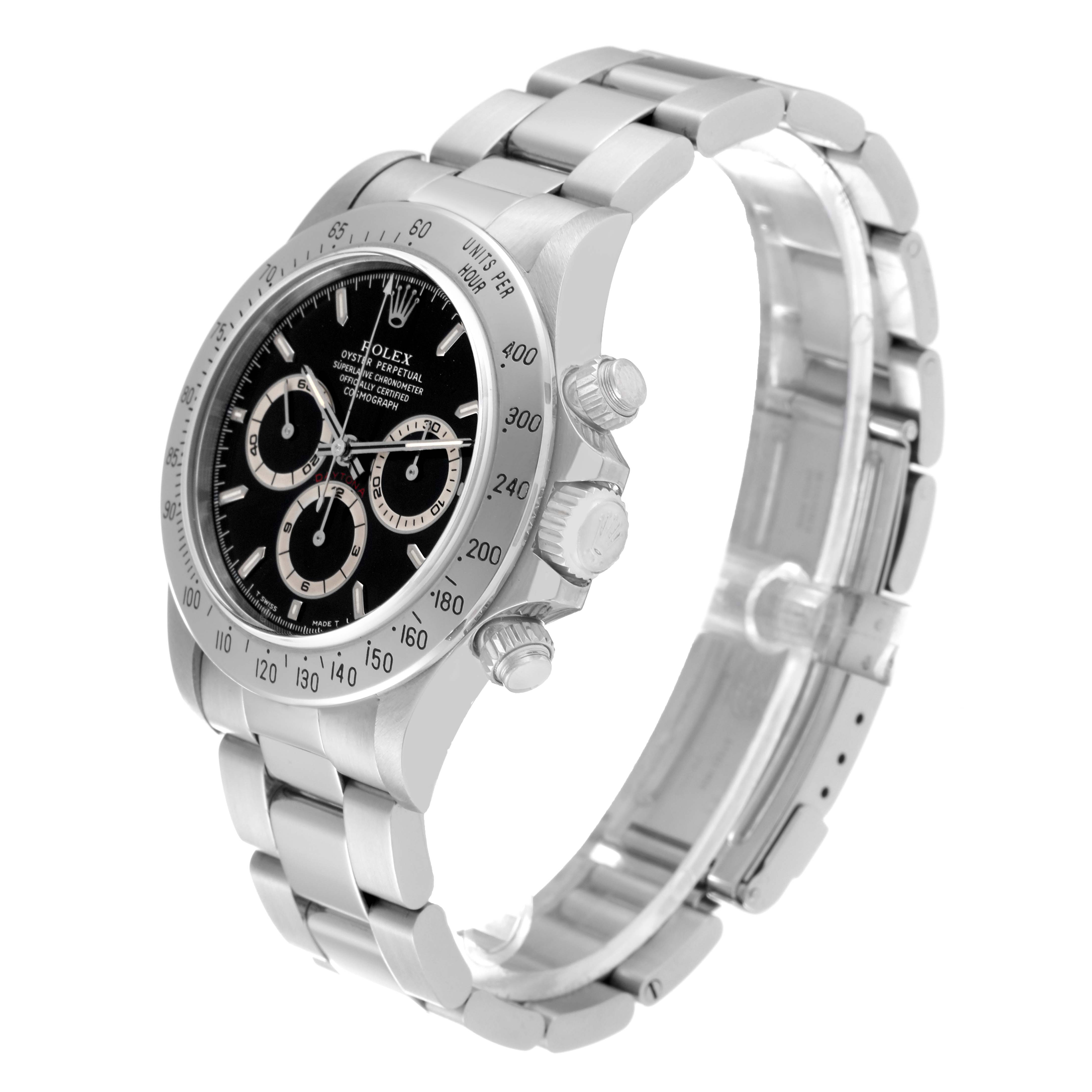 The image shows a Rolex Daytona 16520 Men's Stainless Steel Black Dial 16520 Men's Stainless Steel Black Dial watch at an angled side view, displaying its bezel, dial, subdials, and bracelet.