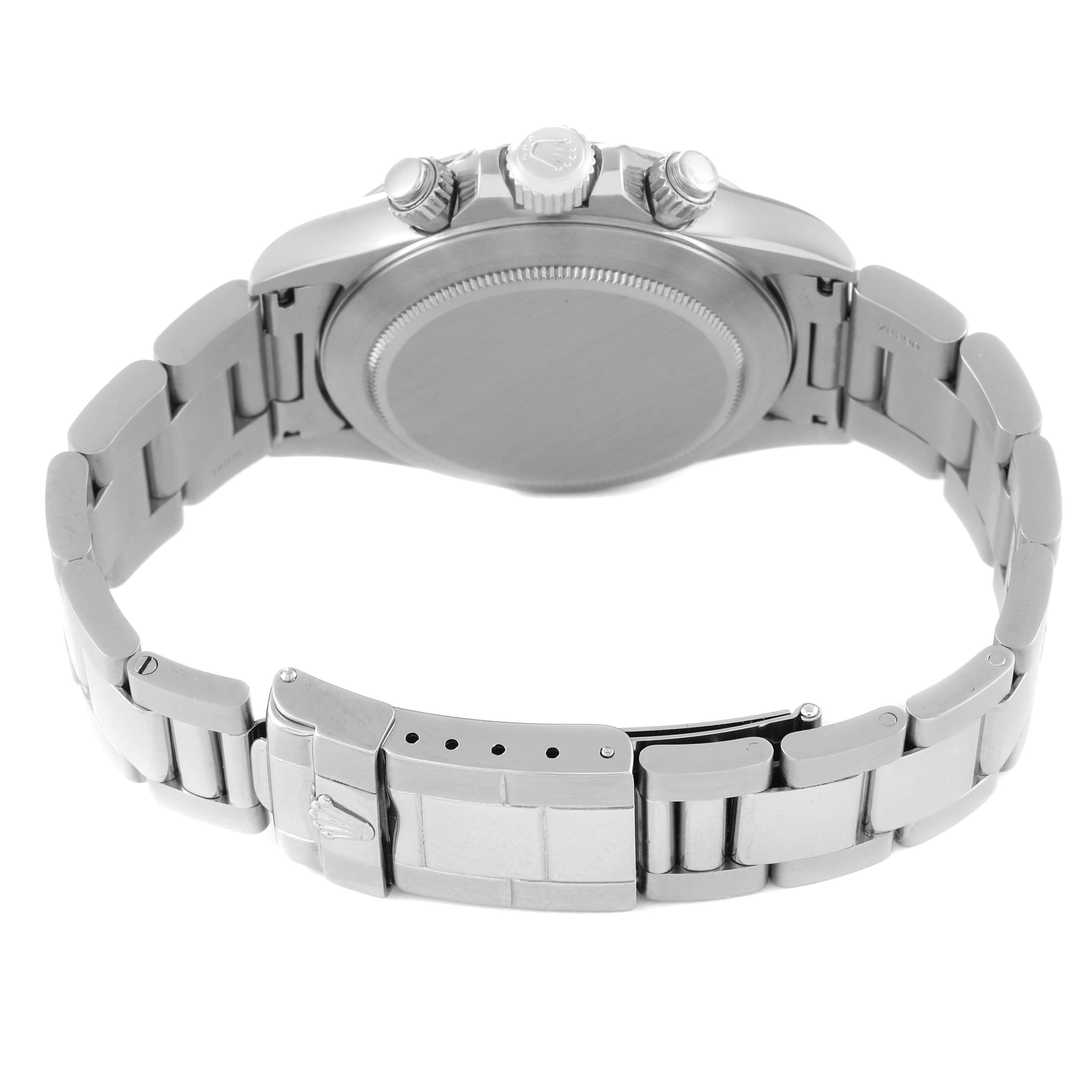 This image shows the back view of a Rolex Daytona 16520 Men's Stainless Steel Black Dial 16520 Men's Stainless Steel Black Dial watch, including the case back and bracelet clasp.