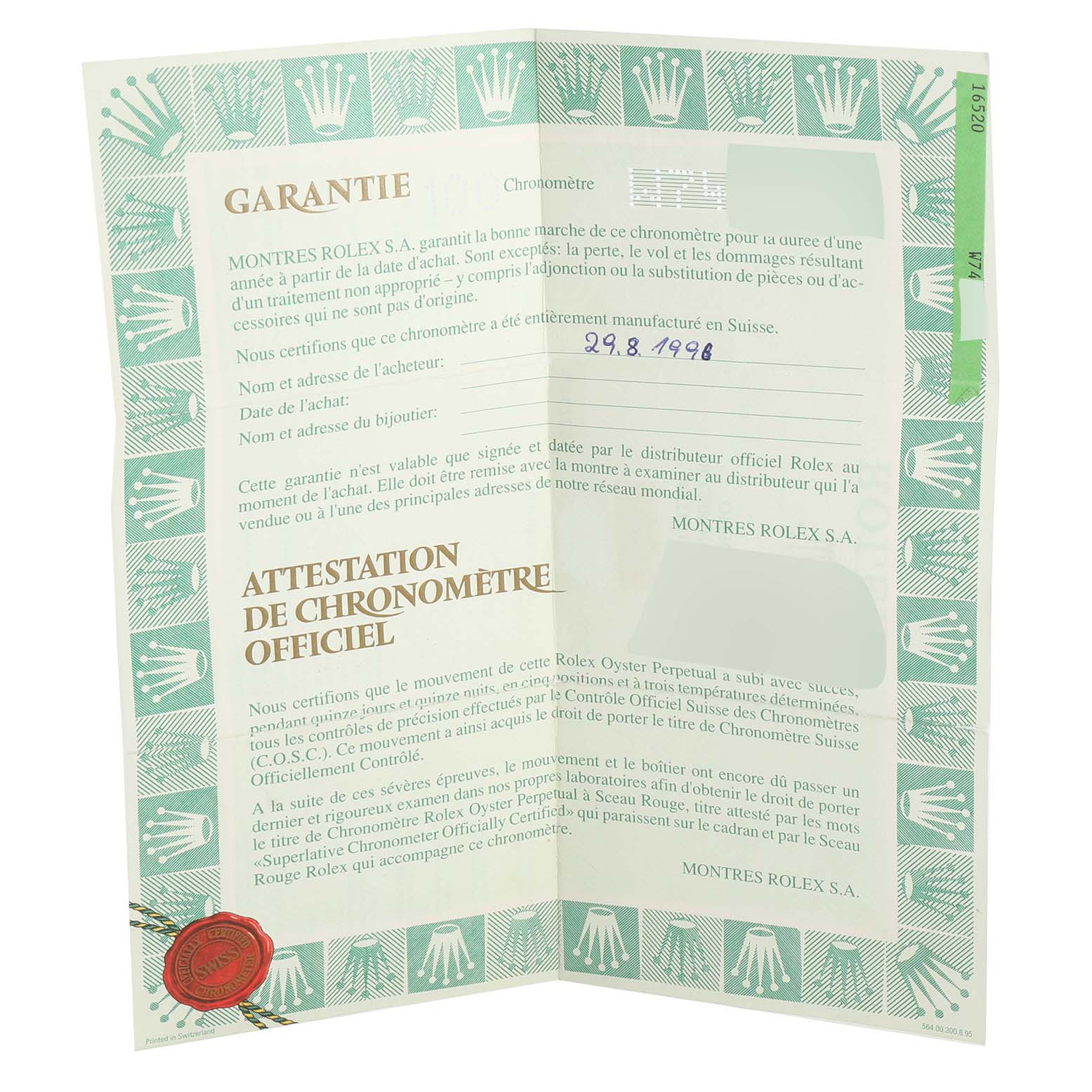 The image shows an unfolded warranty and certification document for a Rolex Daytona 16520 Men's Stainless Steel Black Dial 16520 Men's Stainless Steel Black Dial watch, featuring the brand logo and official seals.