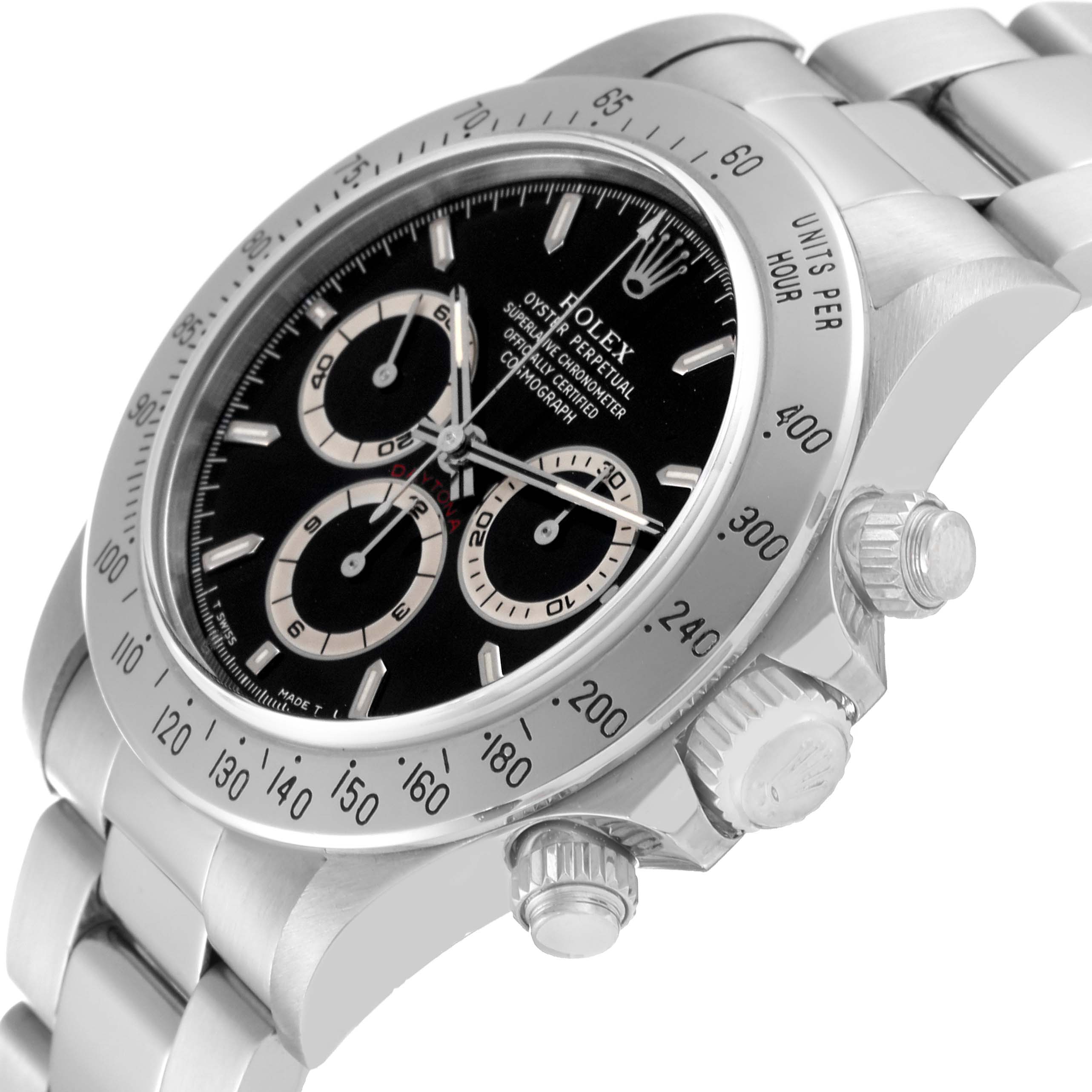 The image shows a side angle of the Rolex Daytona 16520 Men's Stainless Steel Black Dial 16520 Men's Stainless Steel Black Dial's face, bezel, and pushers on its stainless steel bracelet.