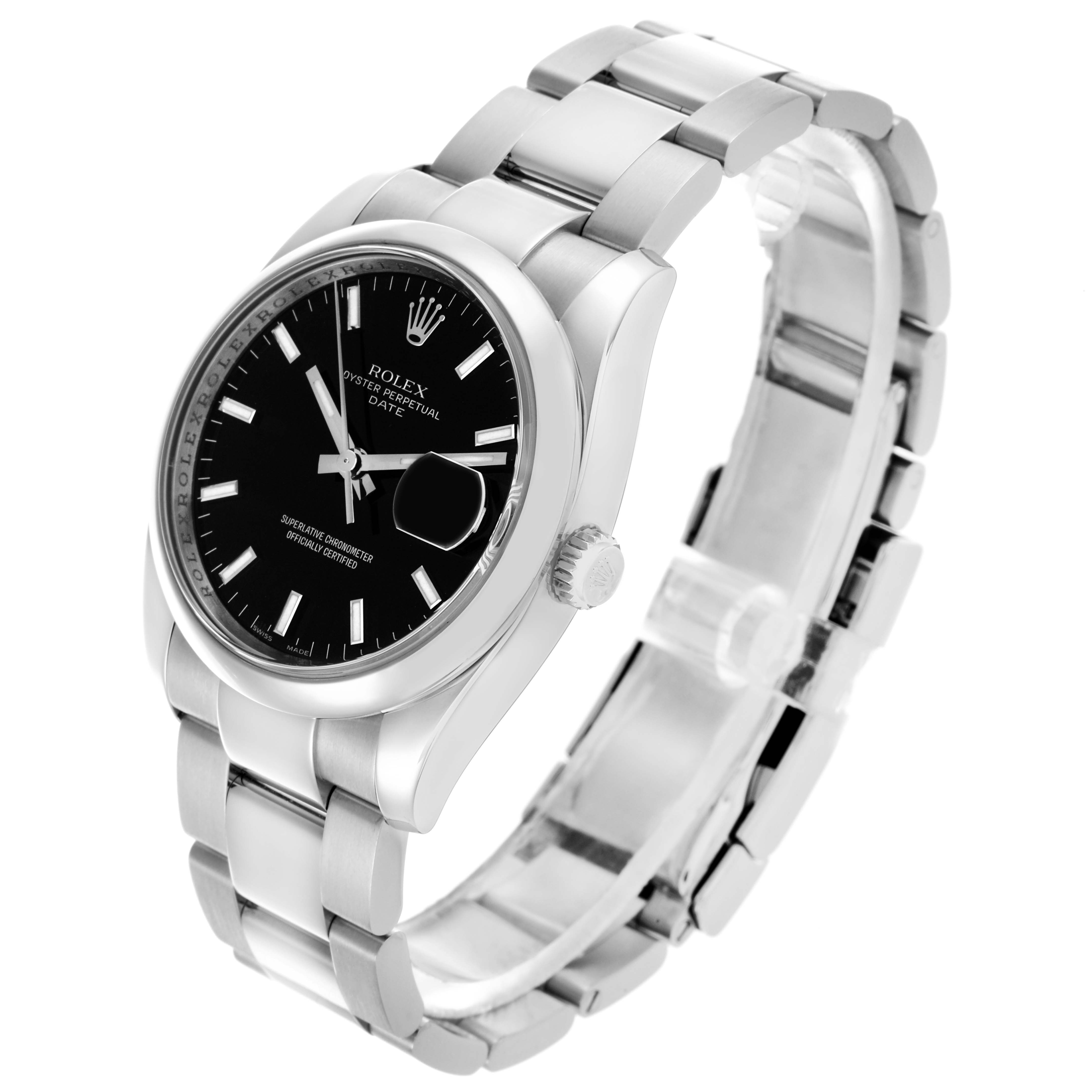 The Rolex Date 115200 Men
s Stainless Steel Black Dial 115200 Men
s Stainless Steel Black Dial watch is shown at an angled view, highlighting the case, dial, bracelet, and crown.