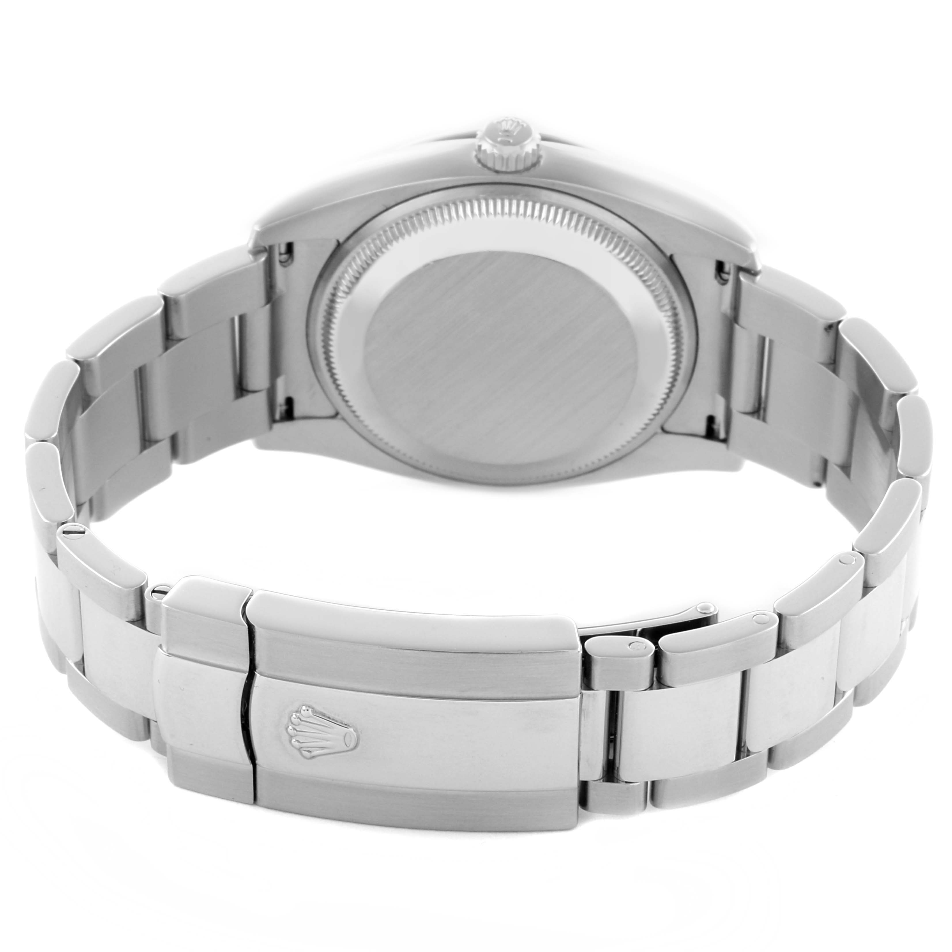 The image shows the back view of the Rolex Date 115200 Men
s Stainless Steel Black Dial 115200 Men
s Stainless Steel Black Dial watch, displaying the case back, bracelet, and clasp.