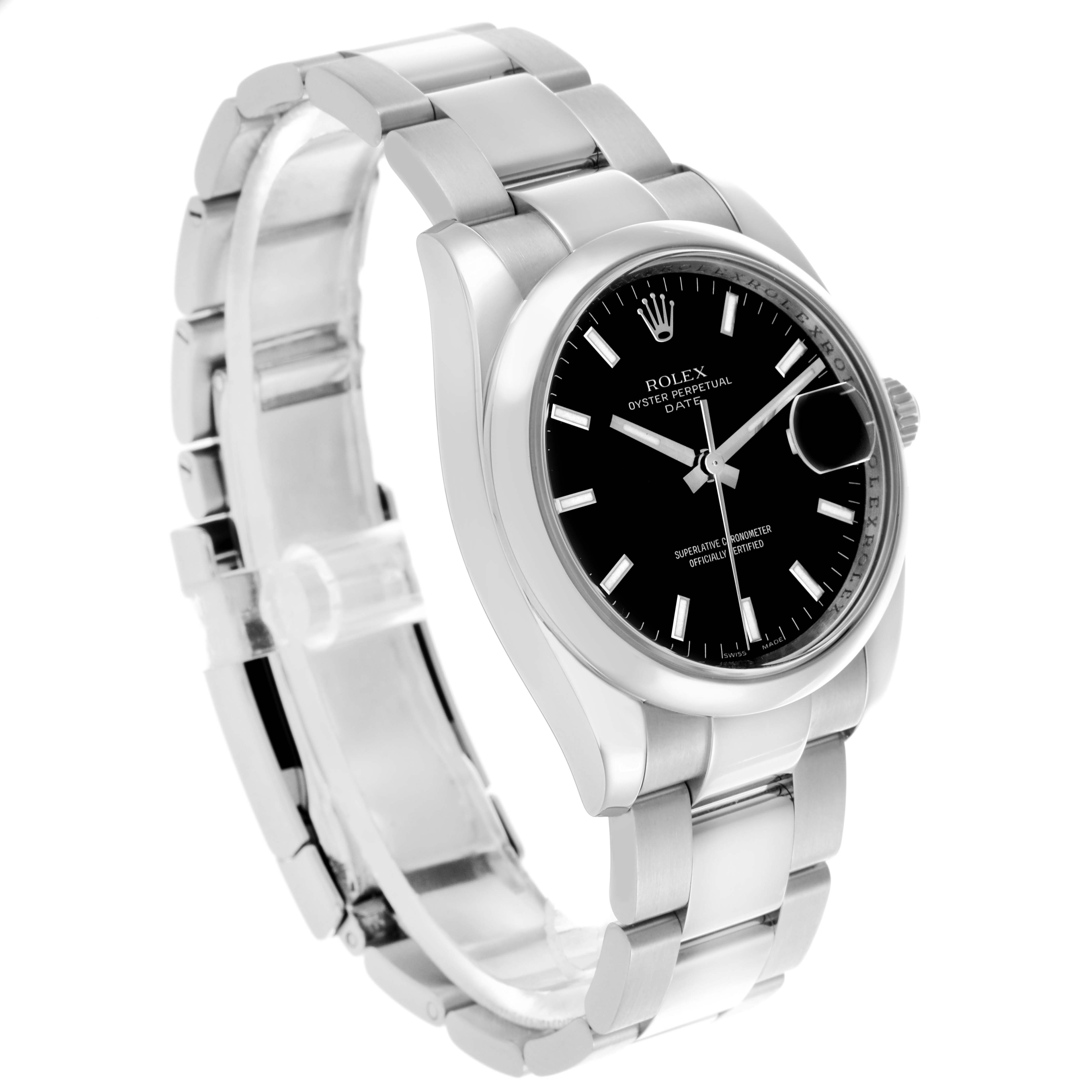 The image shows a Rolex Date 115200 Men
s Stainless Steel Black Dial 115200 Men
s Stainless Steel Black Dial watch at a three-quarter angle highlighting the face, bezel, bracelet, and crown.