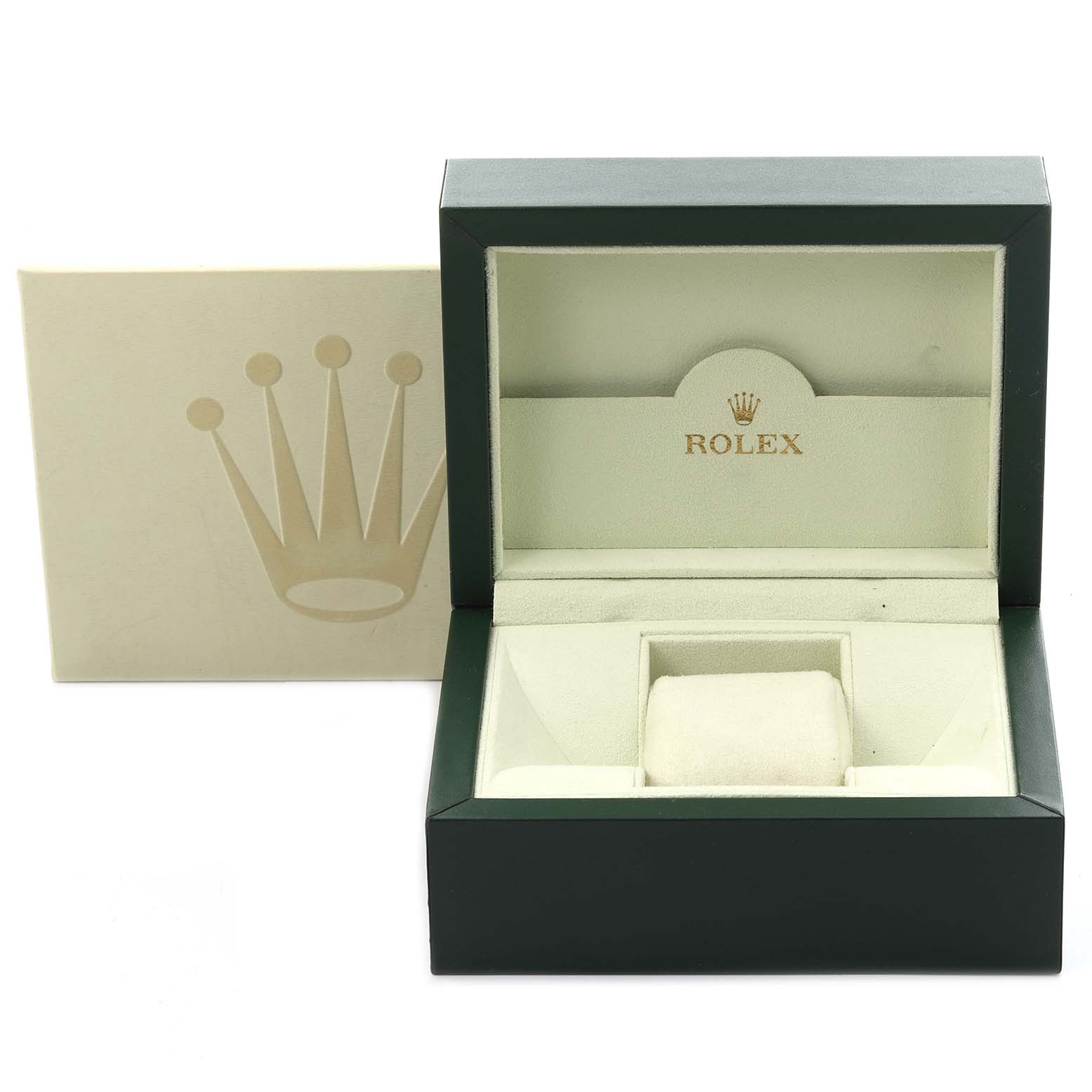 The image shows an open Rolex Date 115200 Men
s Stainless Steel Black Dial model watch box from a front angle, with the cushion and the brand logo visible inside.