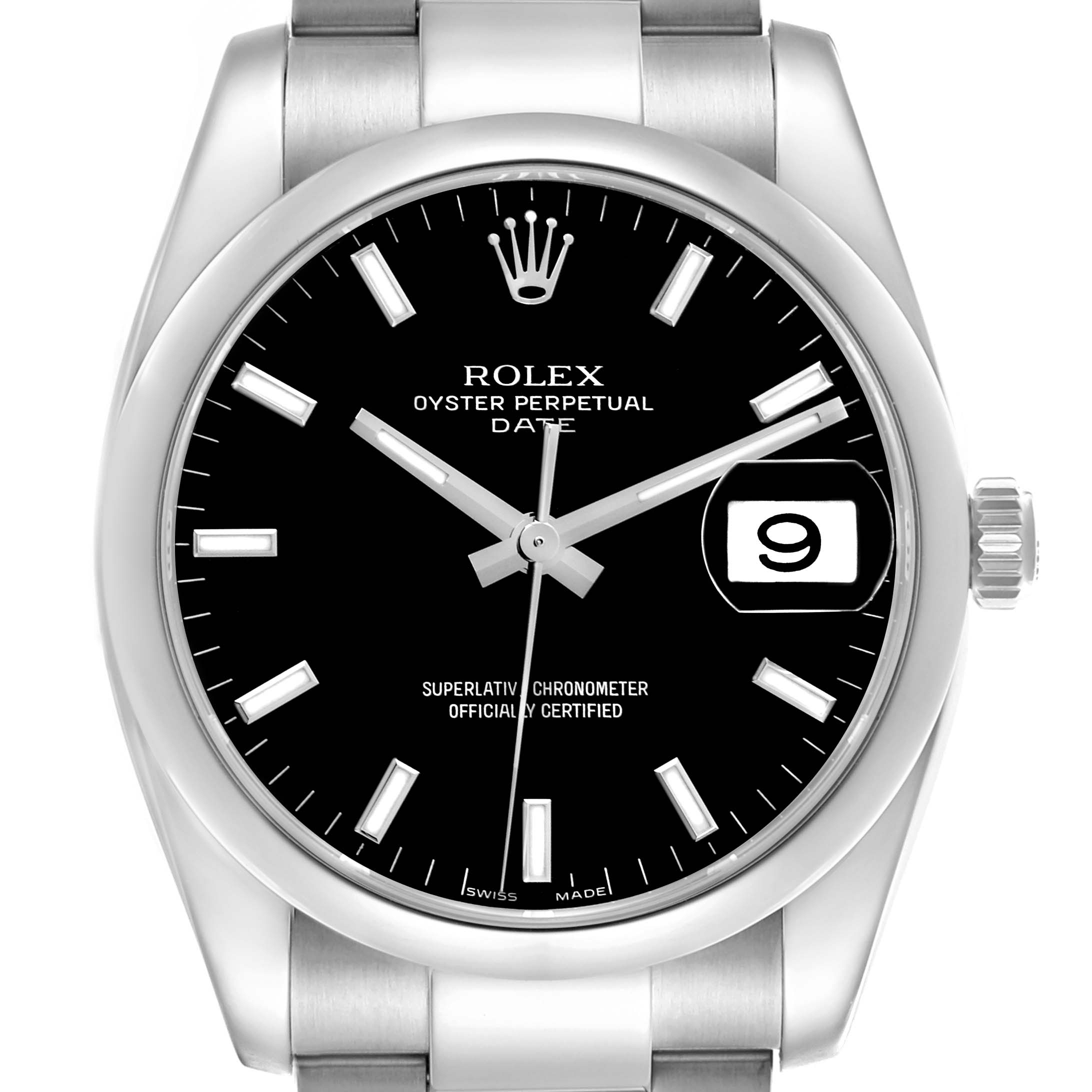 The Rolex Date 115200 Men
s Stainless Steel Black Dial 115200 Men
s Stainless Steel Black Dial watch is shown from a front angle, displaying the dial, bezel, crown, and part of the bracelet.