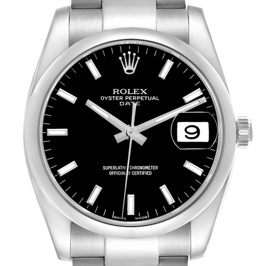 The Rolex Date watch is shown from a front angle, displaying the dial, bezel, crown, and part of the bracelet.