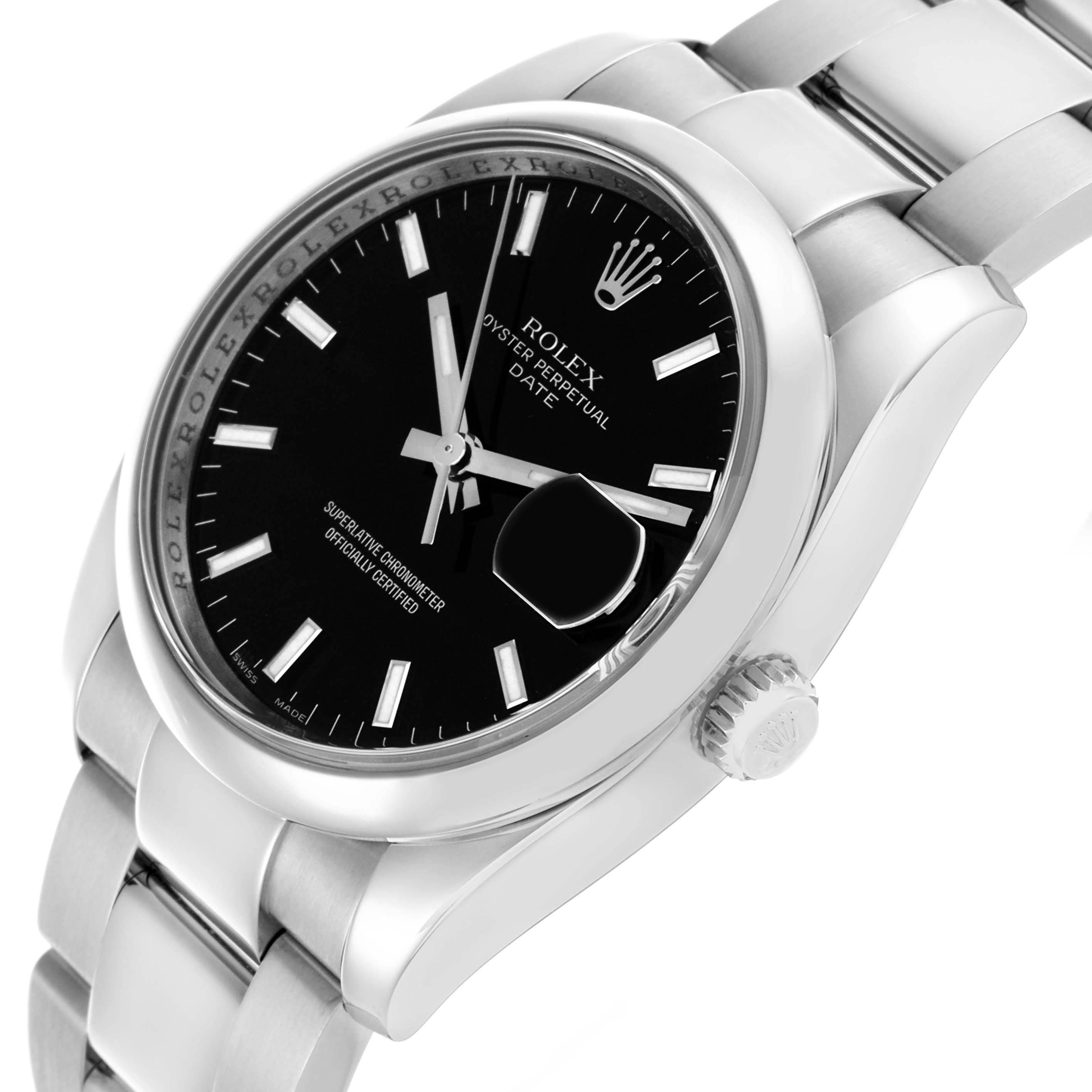 The Rolex Date 115200 Men
s Stainless Steel Black Dial 115200 Men
s Stainless Steel Black Dial watch is shown at an angled view highlighting the black dial, Oyster case, and part of the bracelet.