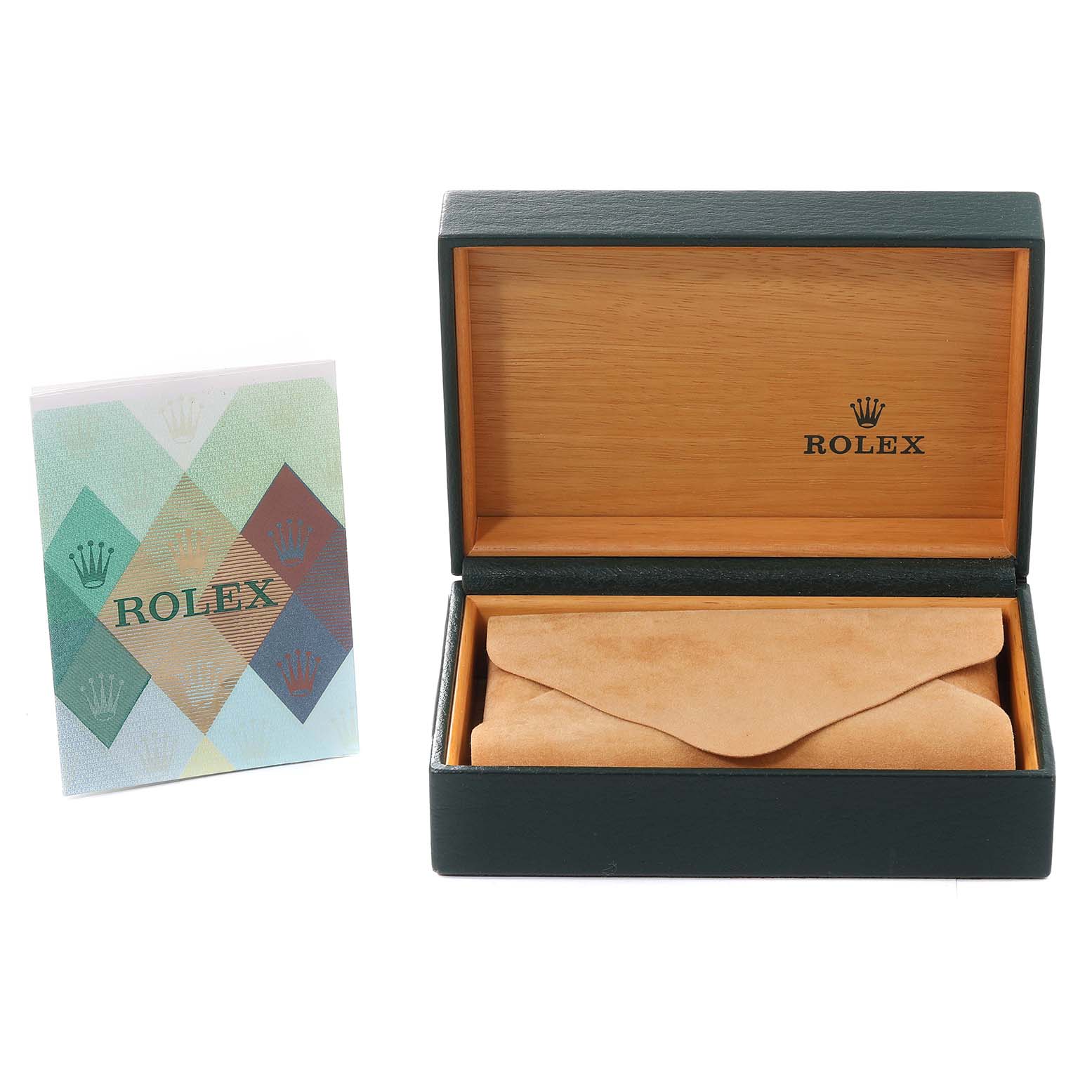 This image shows an open Rolex watch box and a booklet for a Rolex Date 15210 Men
s Stainless Steel Blue Dial 15210 Men
s Stainless Steel Blue Dial model watch.