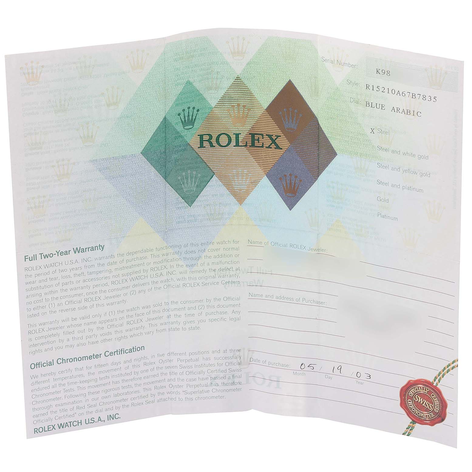 This image shows a warranty and certification document for a Rolex Date 15210 Men
s Stainless Steel Blue Dial 15210 Men
s Stainless Steel Blue Dial model watch.